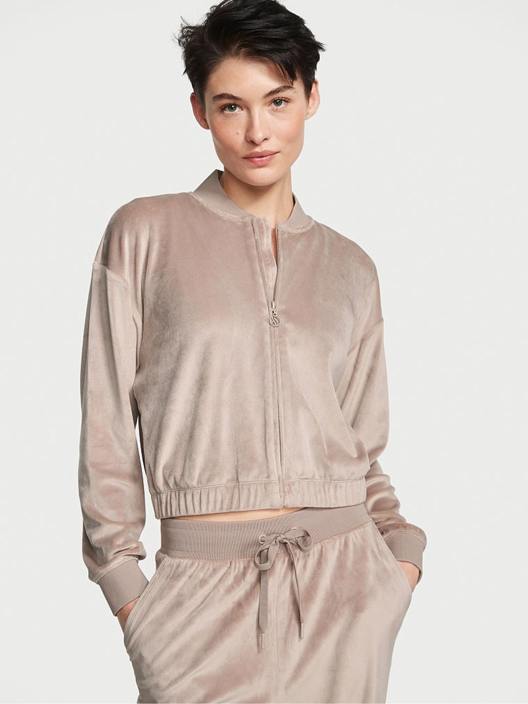 Candlelight Rose Pink Velour Bomber Jacket - Image 1 of 3