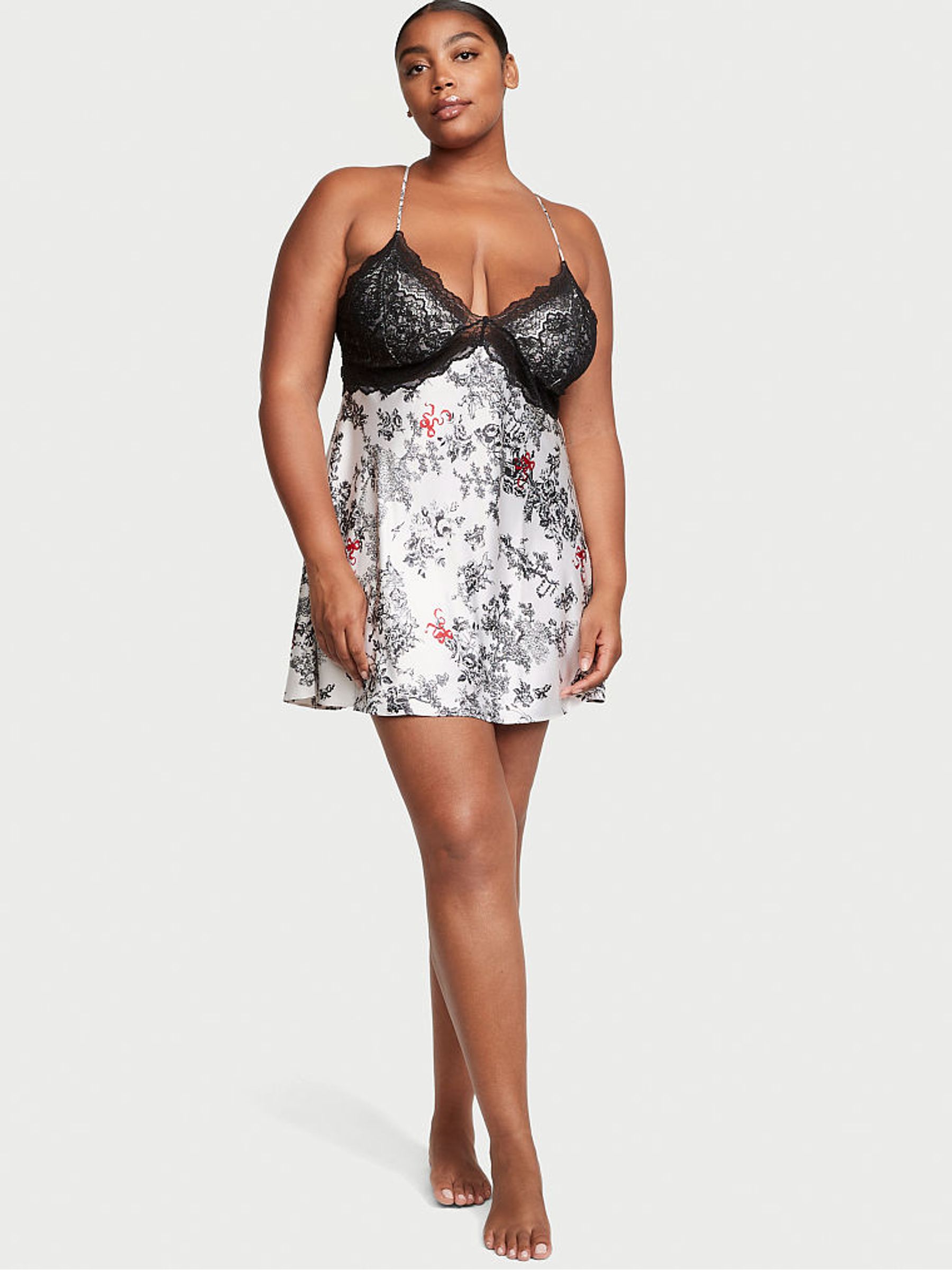 Porcelain Toile Stretch White Satin Lace Plunge Open  Back Slip Dress - Image 1 of 3