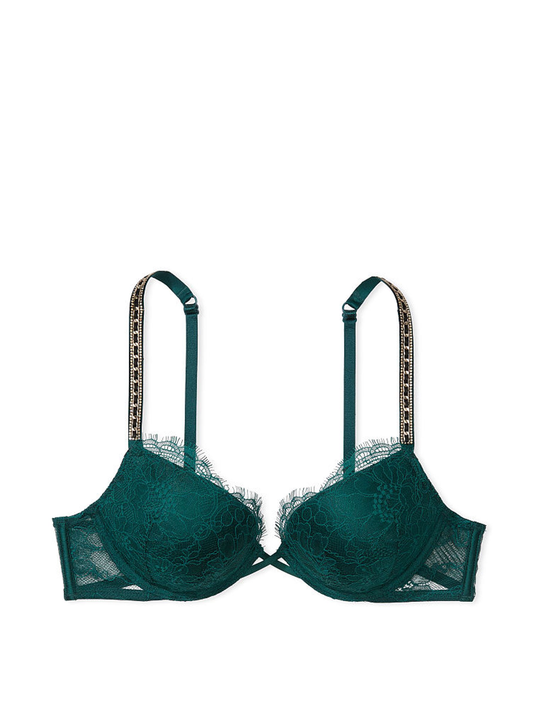 Black Ivy Green Lace Skinny Chain Shine Strap Add 2 Cups Push Up Bombshell Bra - Image 3 of 3