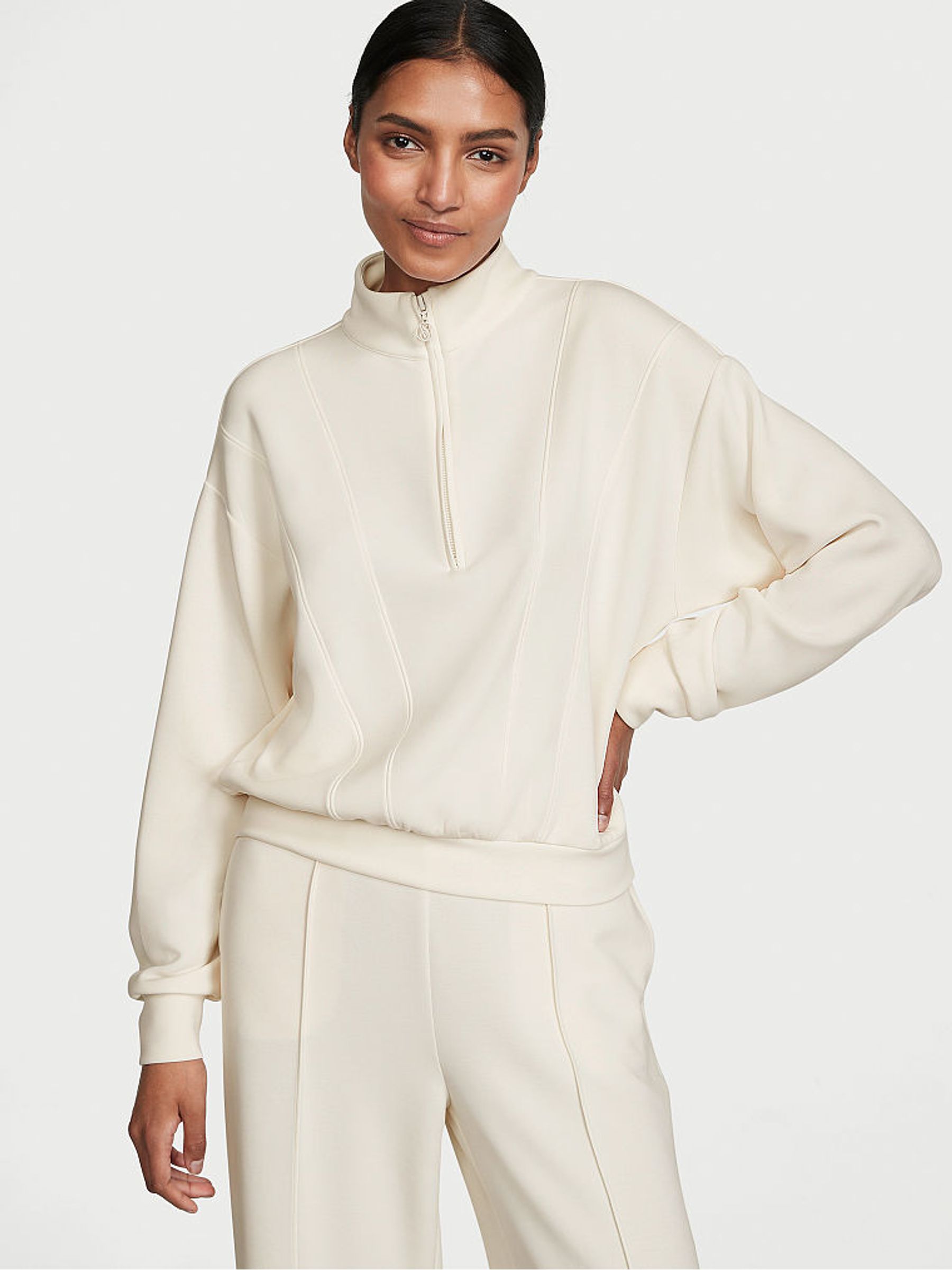 Linen Cream Modal Half Zip Sweatshirt - Image 1 of 3