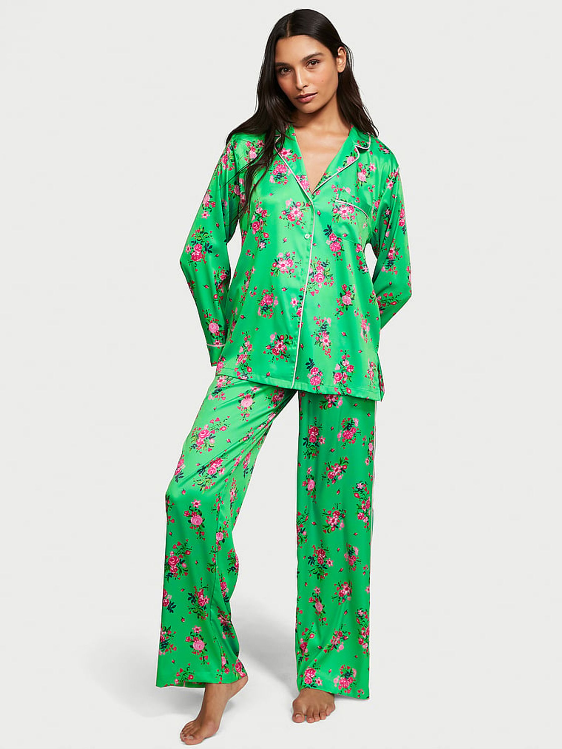 Glimmer Green Floral Satin Long Pyjamas - Image 1 of 4