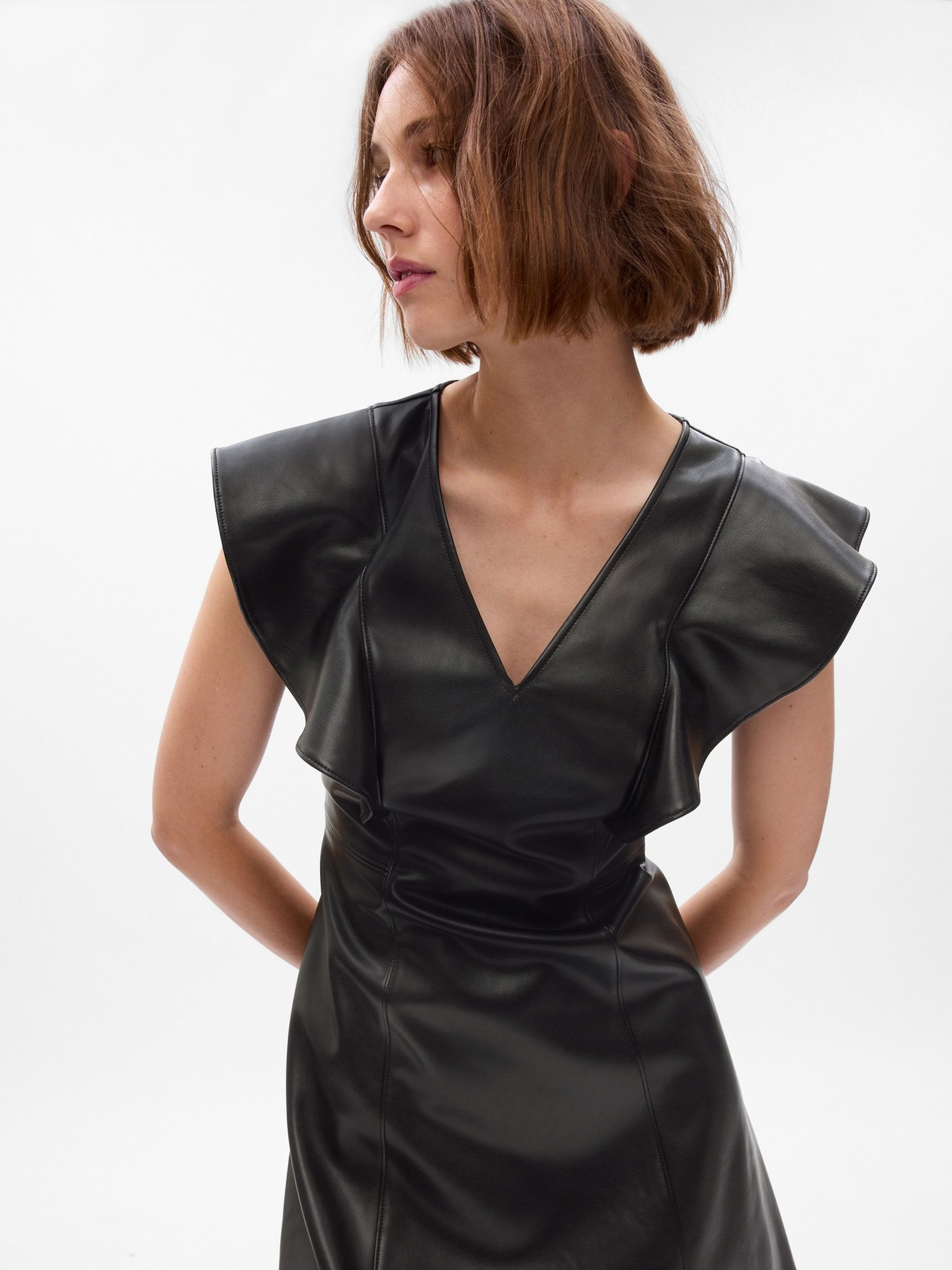 Black Faux-Leather Flutter Mini Dress - Image 3 of 5