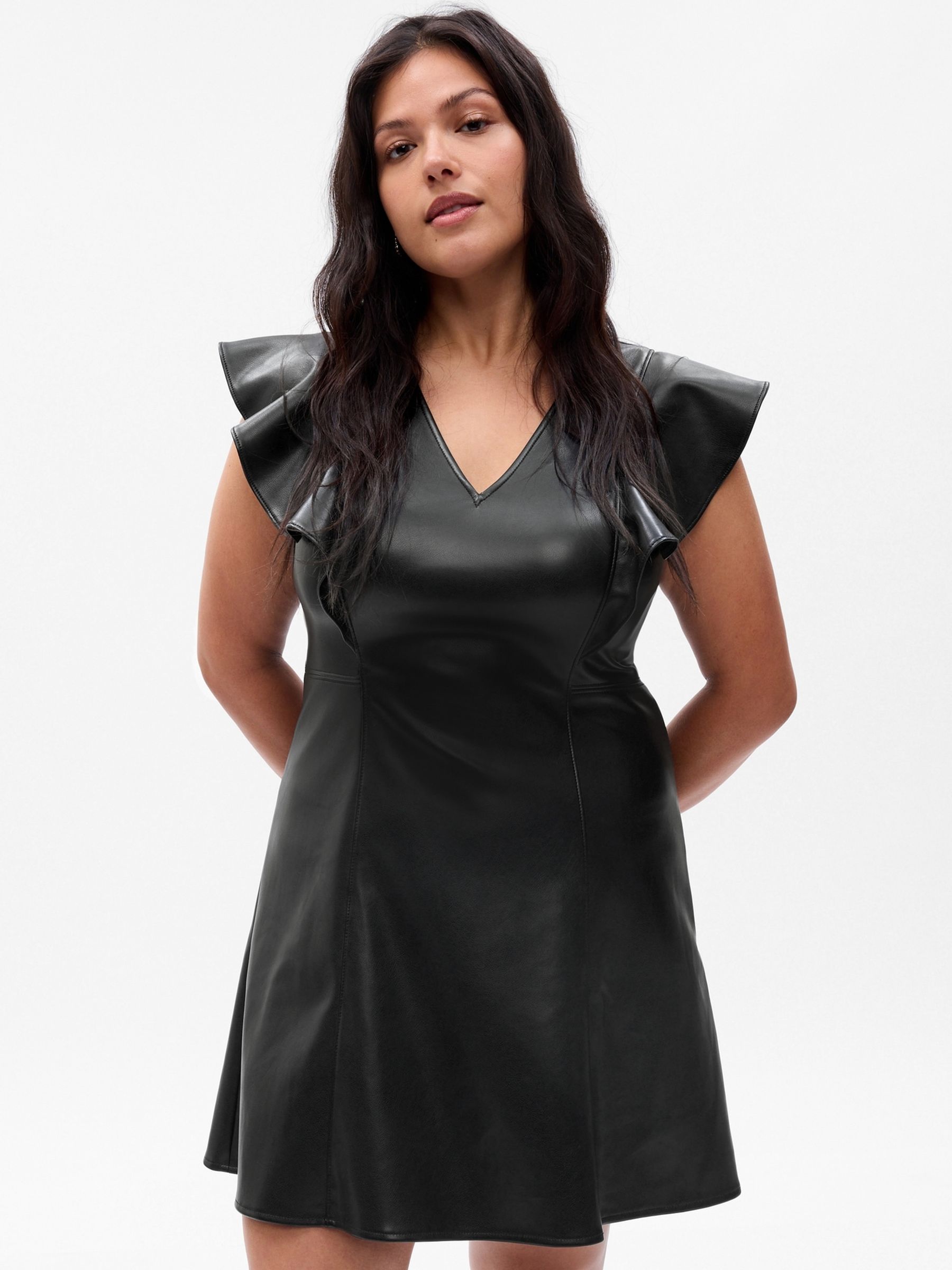 Black Faux-Leather Flutter Mini Dress - Image 4 of 5