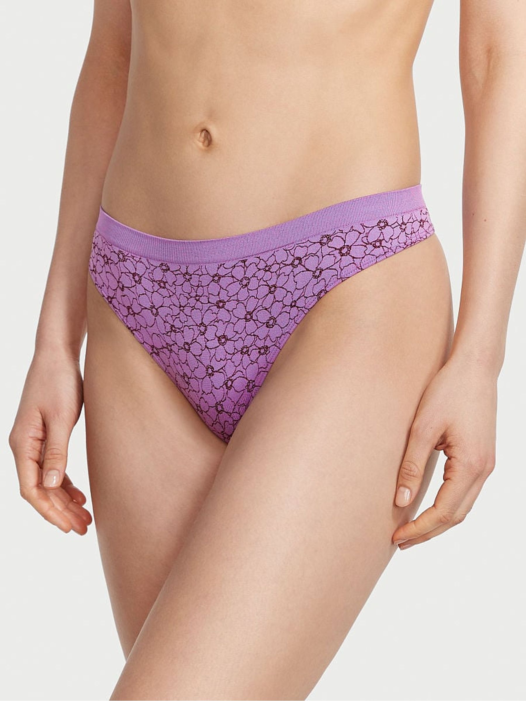 Purple Paradise Floral Outline Printed Thong Seamless Knickers - Image 1 of 1