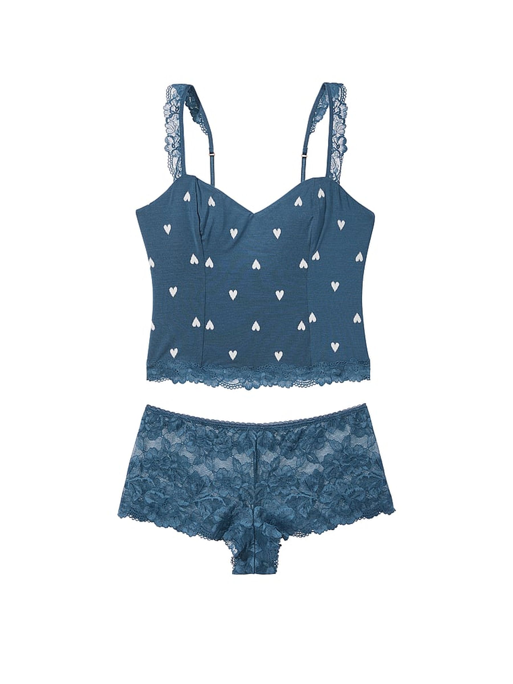 Midnight Sea Navy Blue Heart Stretch Modal Cami and Knicker Set - Image 3 of 3