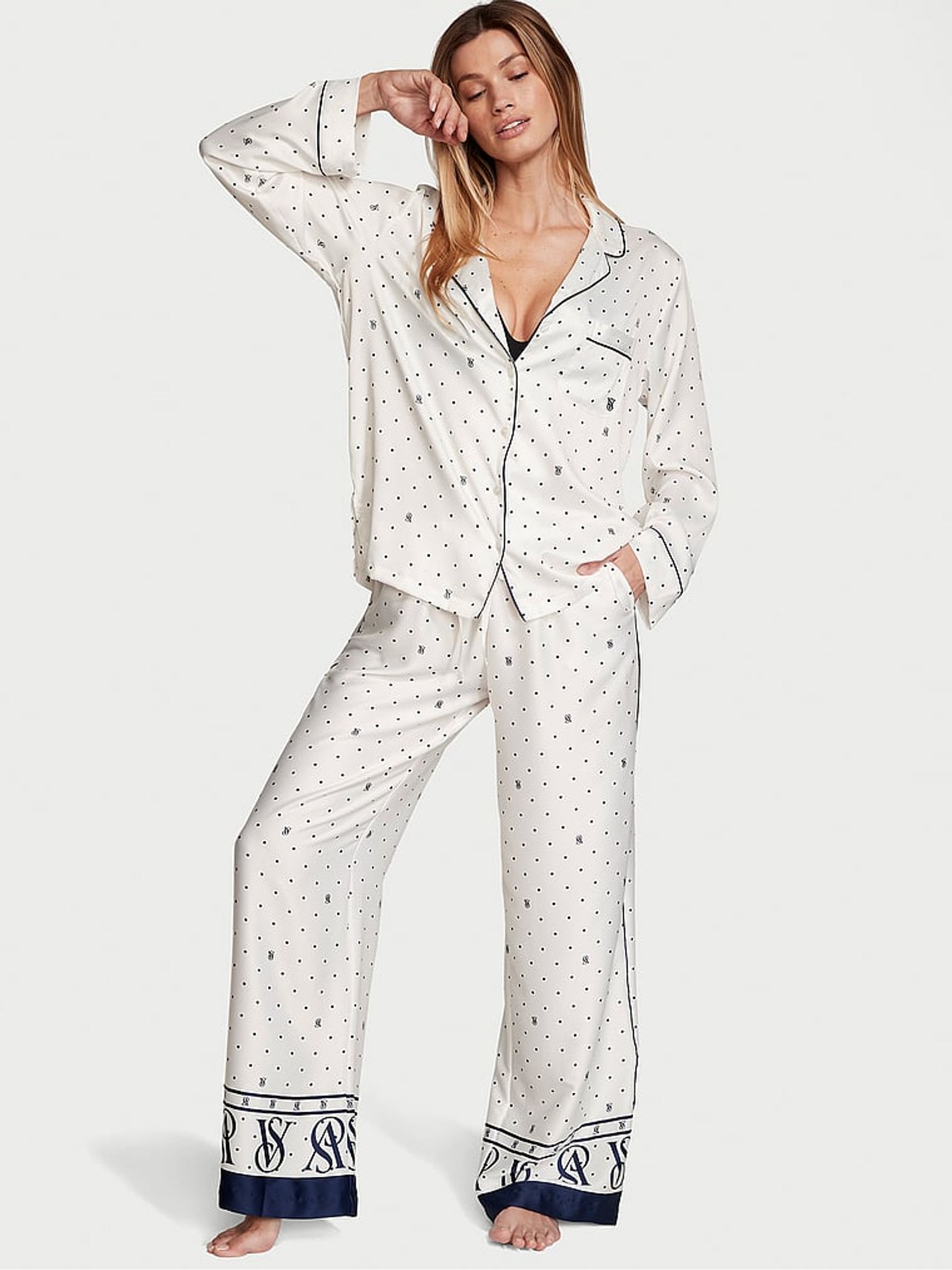 White Logo Satin Long Pyjama Set Victoria's Secret UK