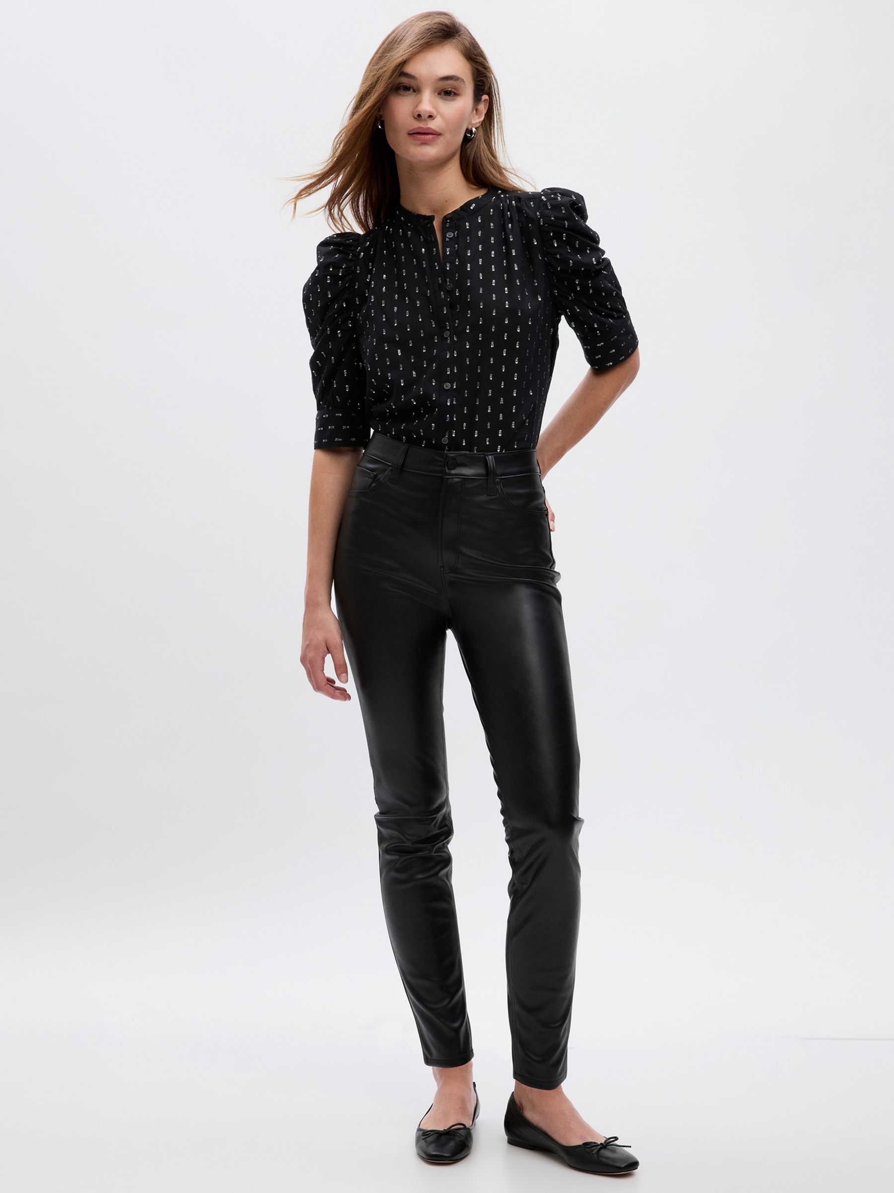 Black and Silver Sheer Short Puff Sleeve Blouse - Image 1 of 2