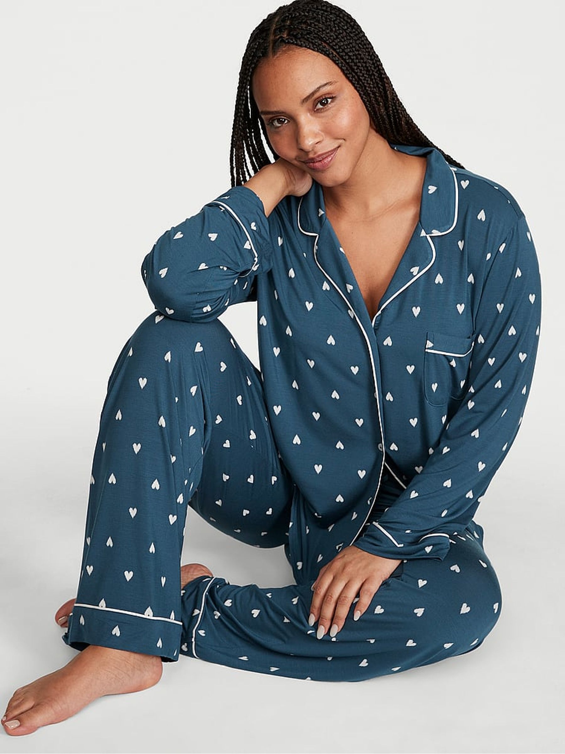 Midnight Sea Blue Hearts Modal Long Pyjamas - Image 1 of 4