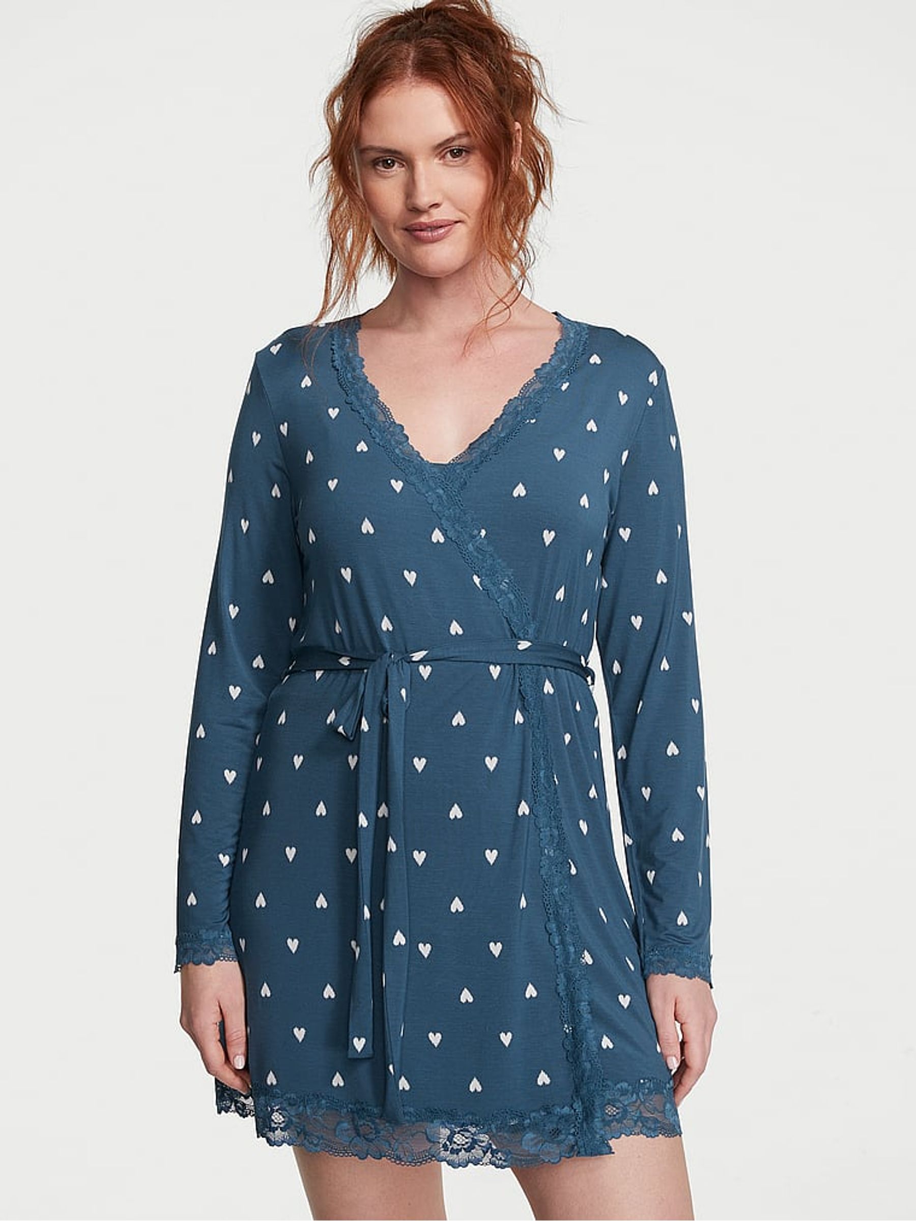 Midnight Sea Navy Blue Heart Modal Lace Trim Robe - Image 1 of 3