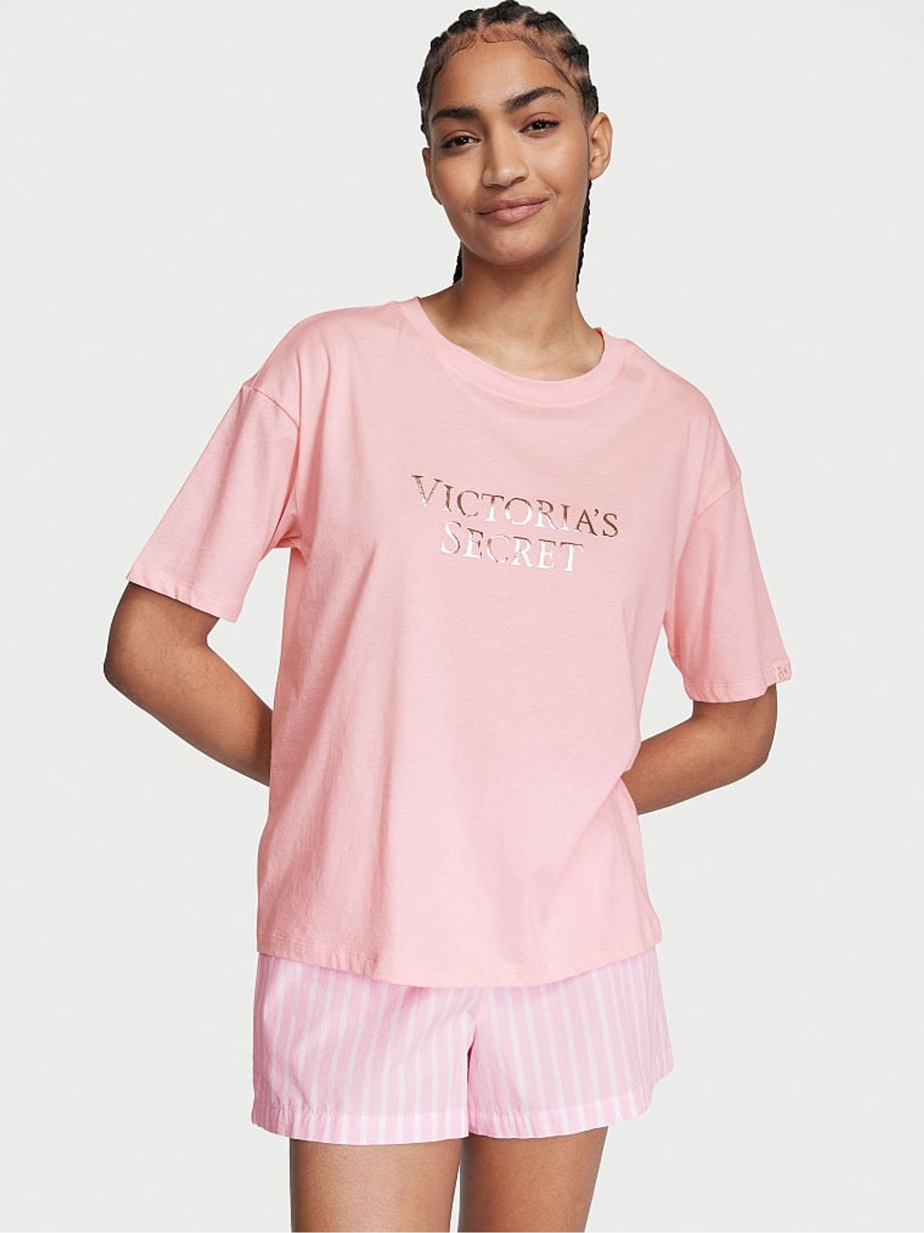 Pretty Blossom Pink Stripe Cotton T-Shirt Short Pyjamas - Image 1 of 3
