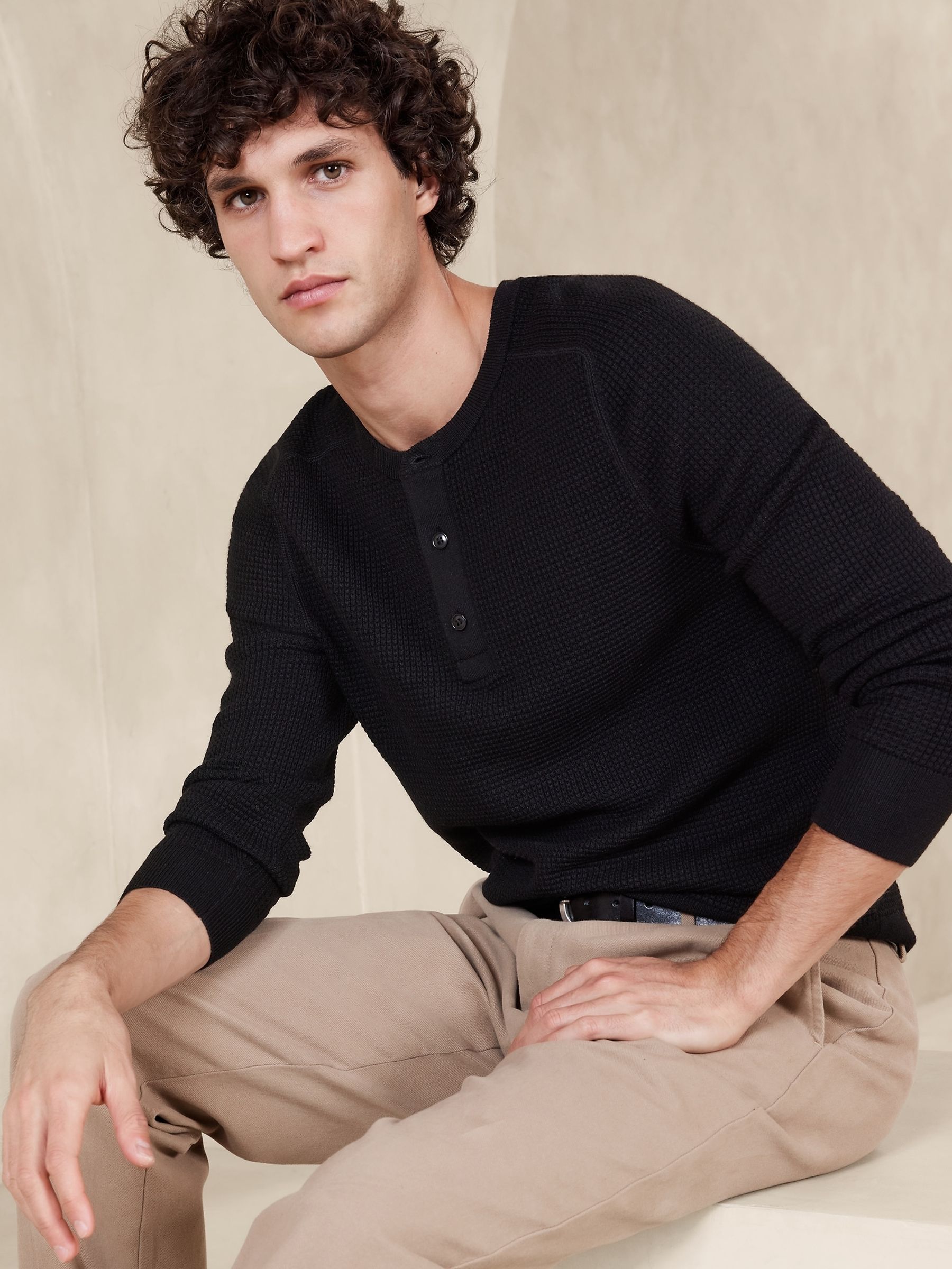 Banana Republic Black Sante Merino Henley Jumper - Image 1 of 2