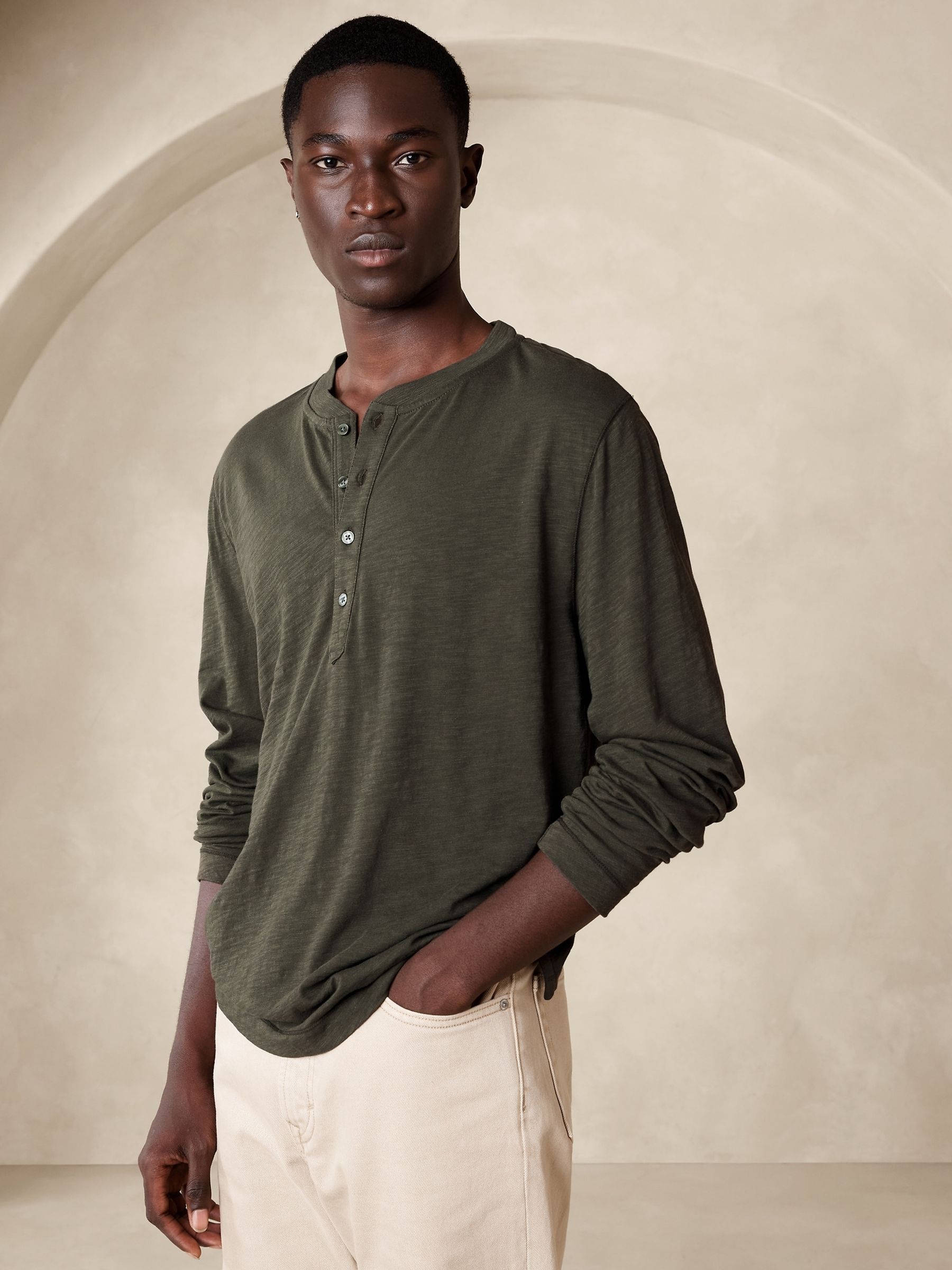 Banana Republic Green Soft Wash Long Sleeve Henley T-Shirt - Image 1 of 1