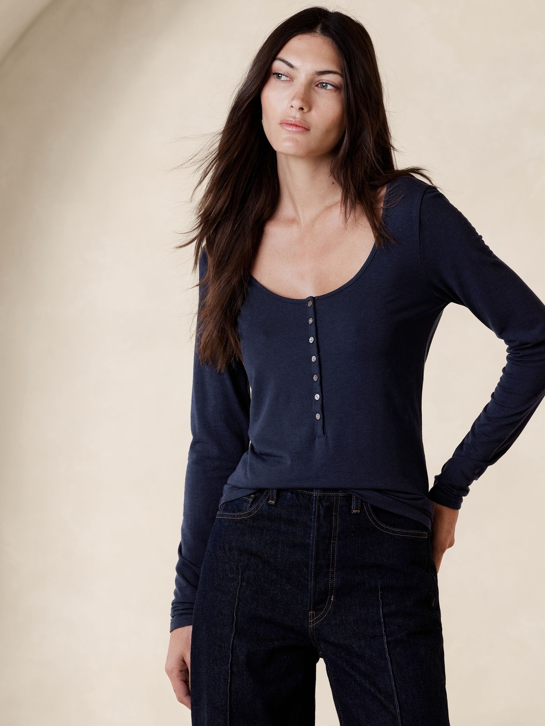 Banana Republic Blue Sabel Wool-Blend Henley Long Sleeve Top - Image 1 of 1