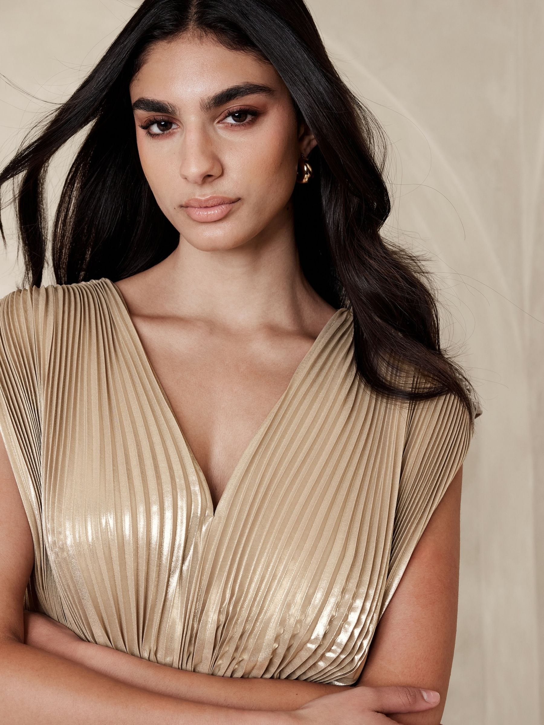 Banana Republic Gold Lena Pleated Metallic Sleeveless Top - Image 3 of 4