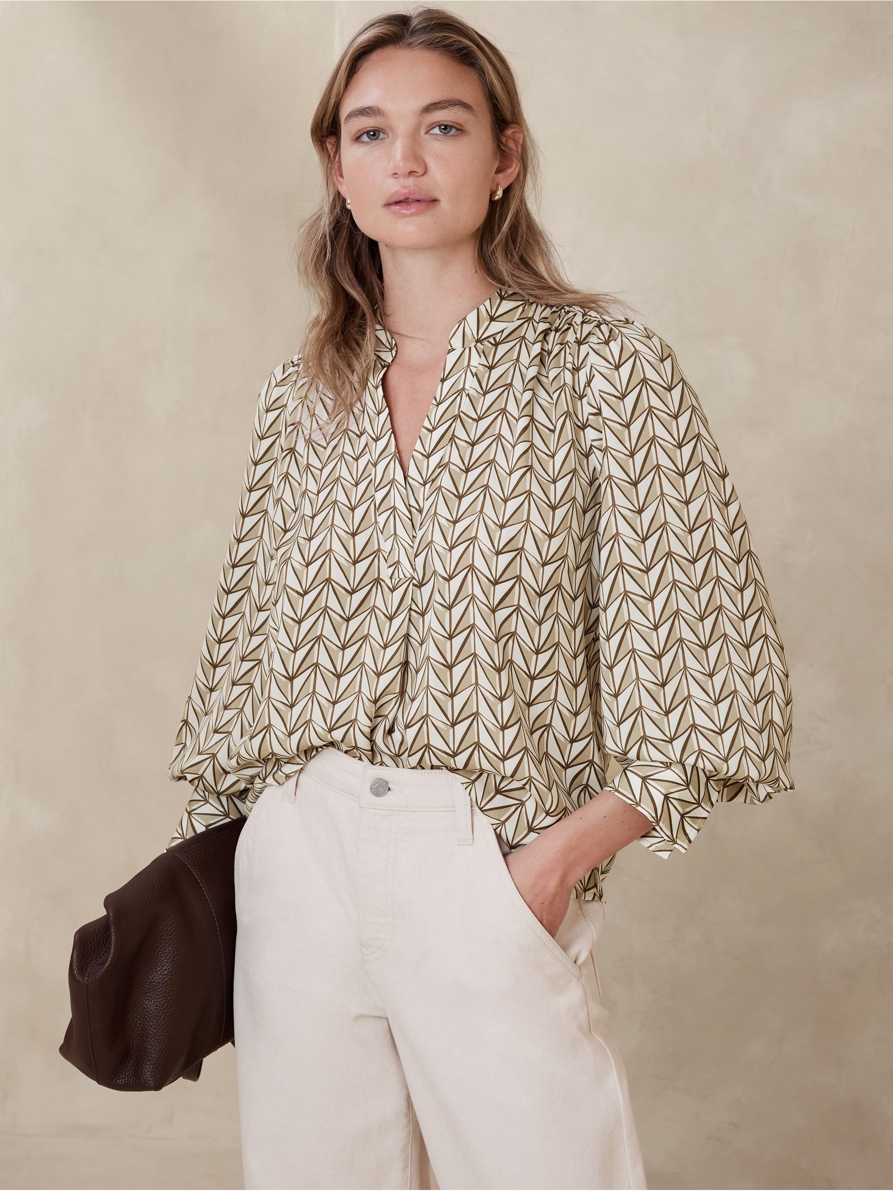 Banana Republic Neutral Geometric Volume Sleeve Blouse - Image 1 of 1