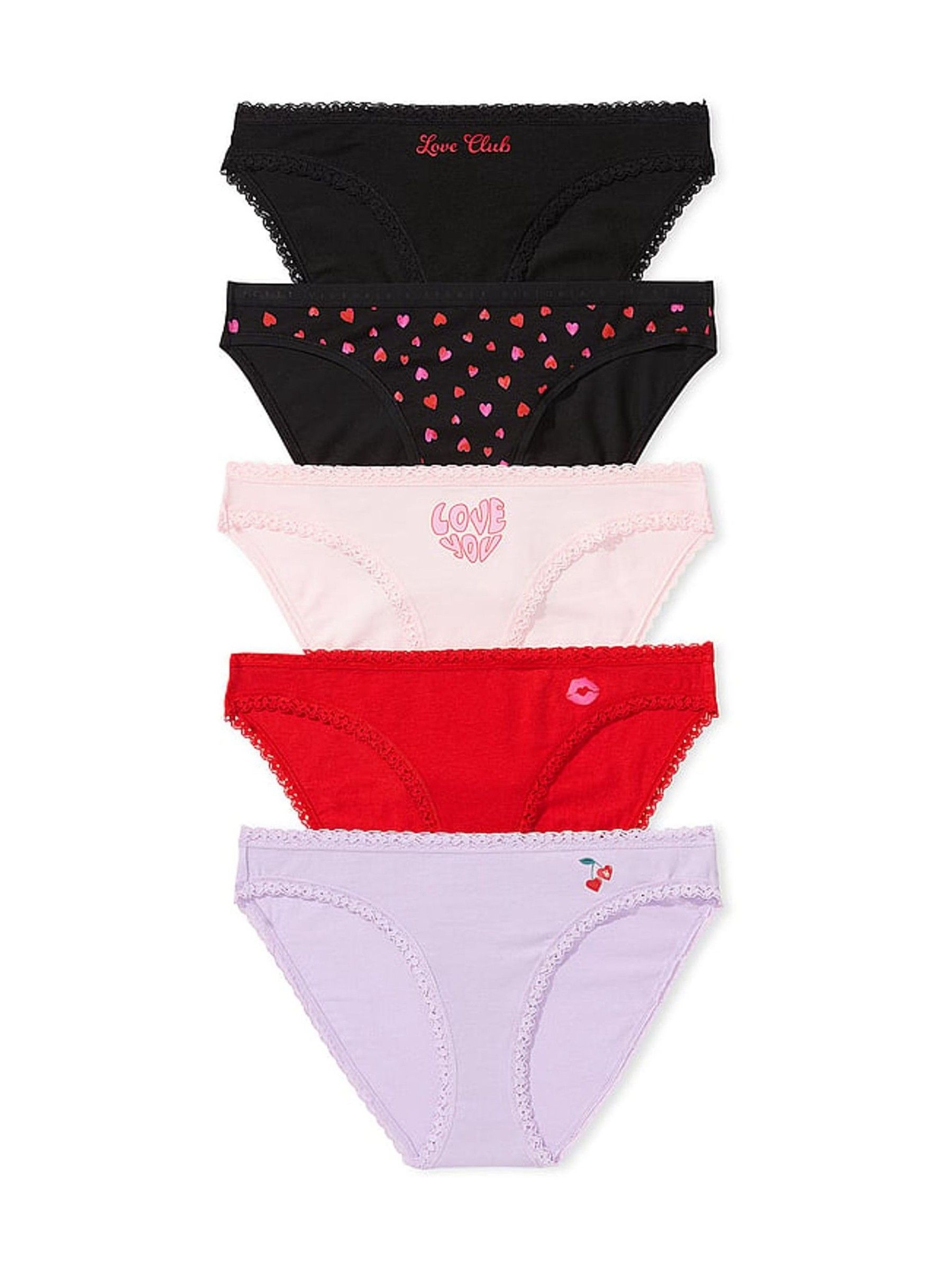 Black/Pink/Red/Purple Bikini 5 Pack Lace Trim Knickers - Image 1 of 1