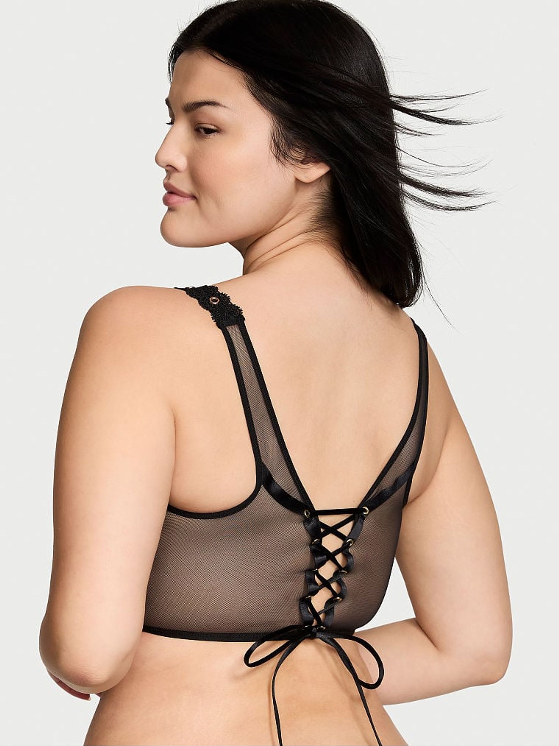 Black Lace Unlined Demi Eyelet Corset Bra Top - Image 2 of 3