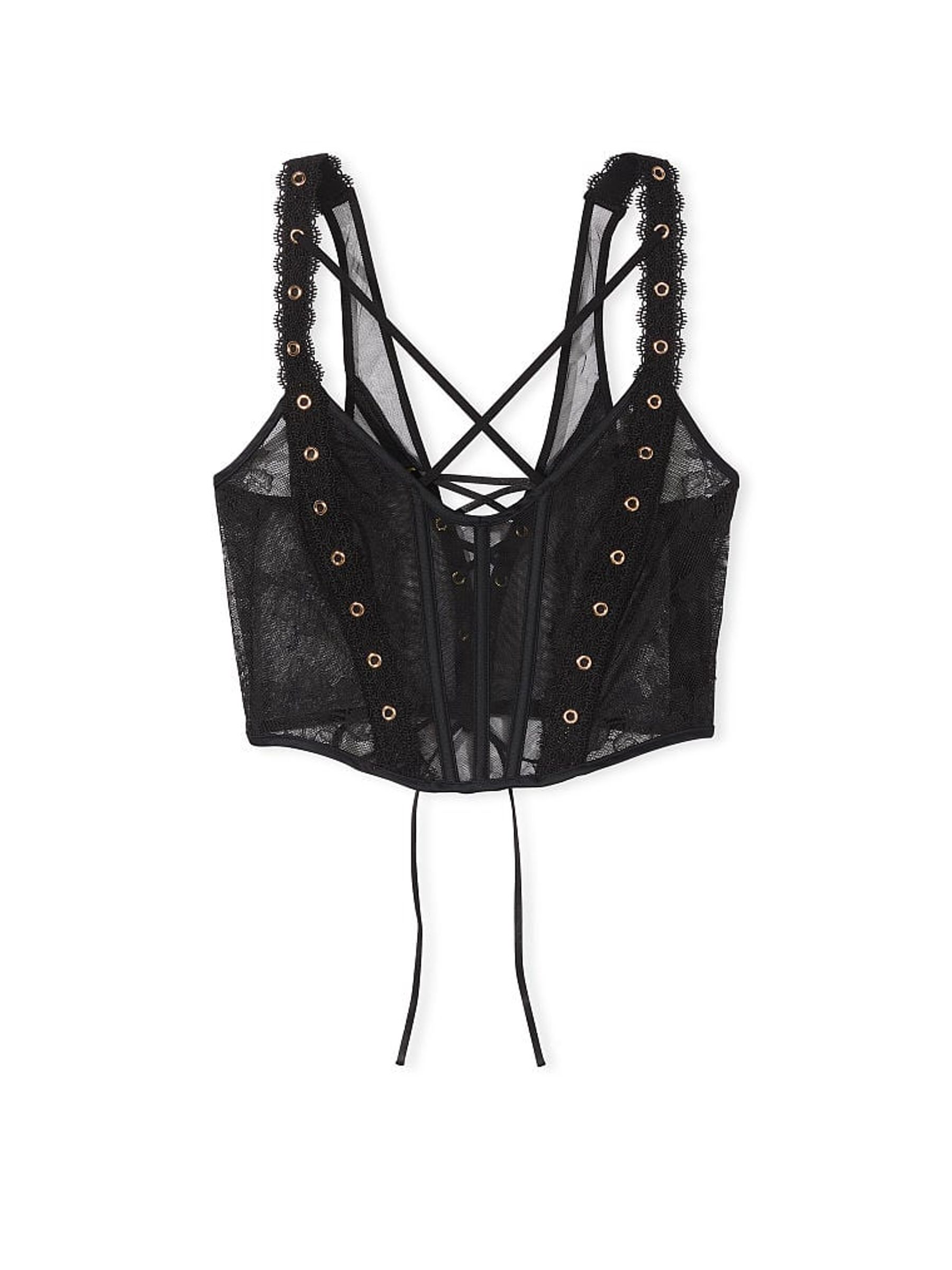 Black Lace Unlined Demi Eyelet Corset Bra Top - Image 3 of 3