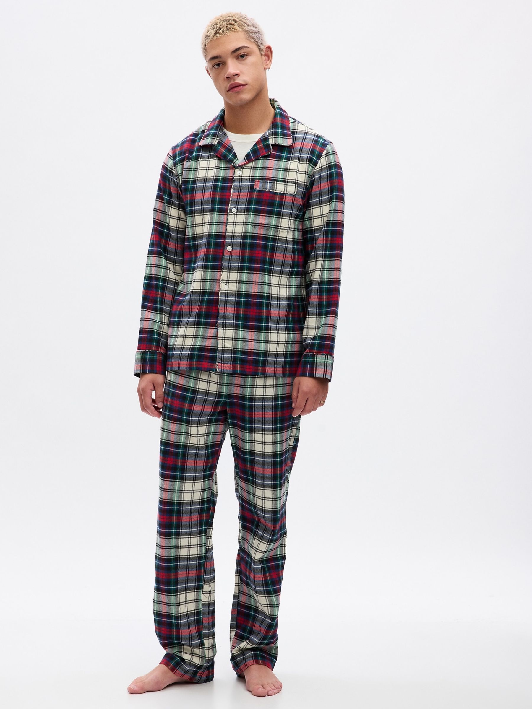 Green, Red & White Flannel Check Family Christmas Long Sleeve Pyjama Shirt & Bottoms - Image 1 of 1