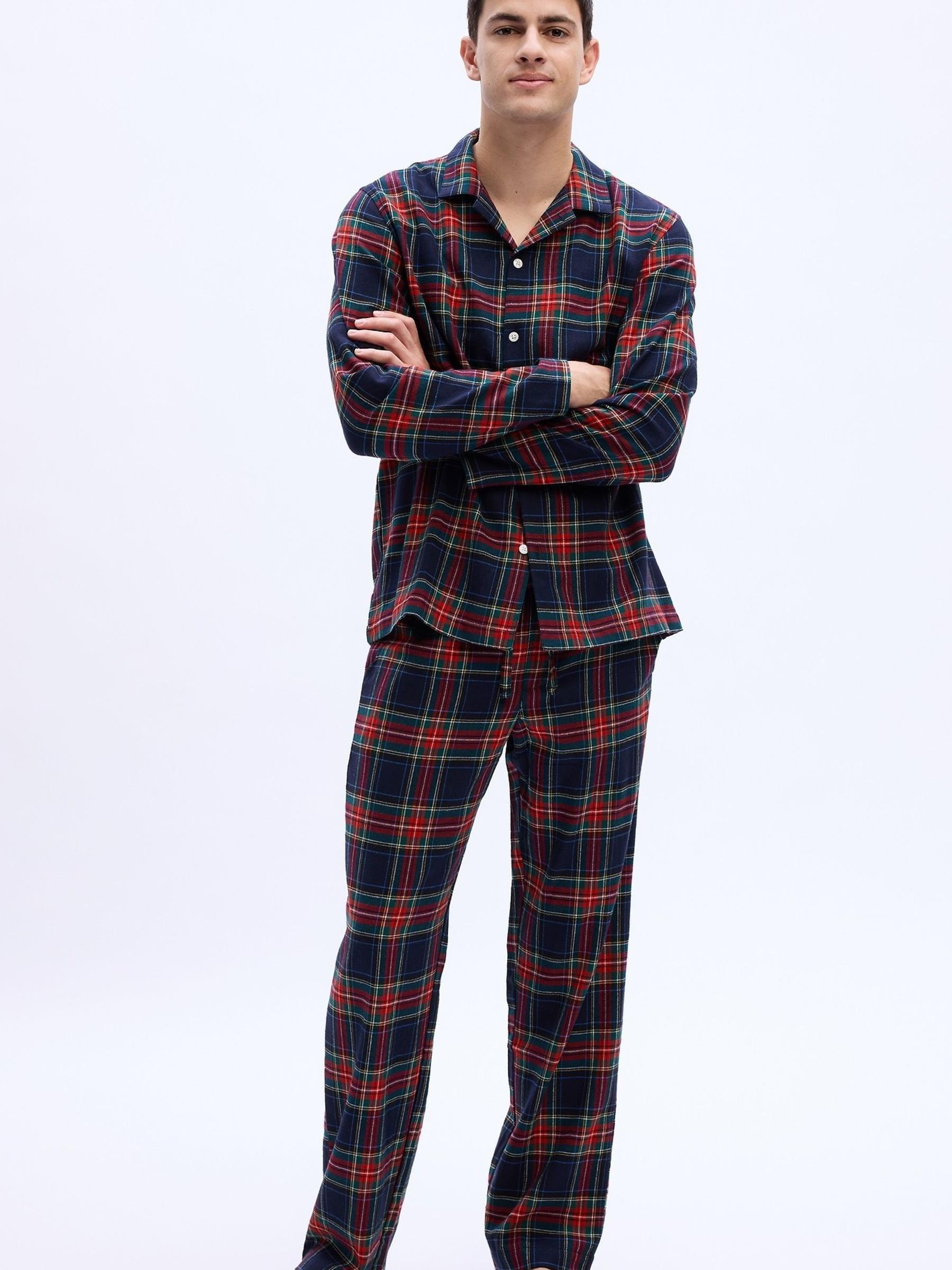 Blue, Red & Green Flannel Check Christmas Long Sleeve Pyjama Shirt & Bottoms - Image 1 of 4