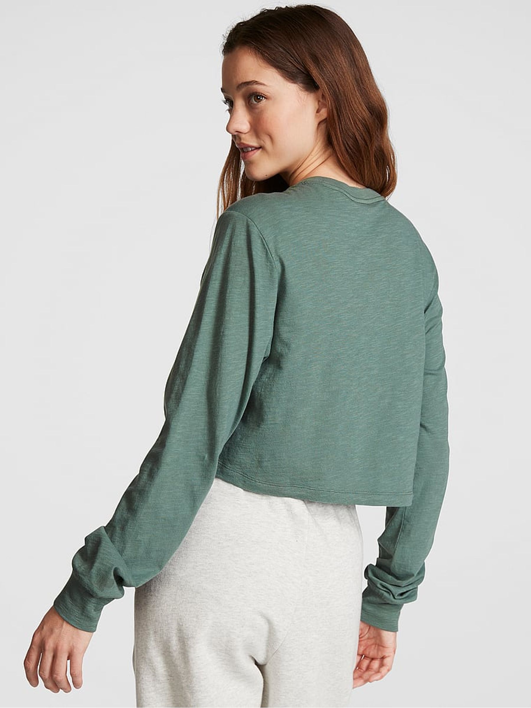 Fresh Forest Green Cotton Slub Cropped Boxy Long Sleeve T-Shirt - Image 2 of 3
