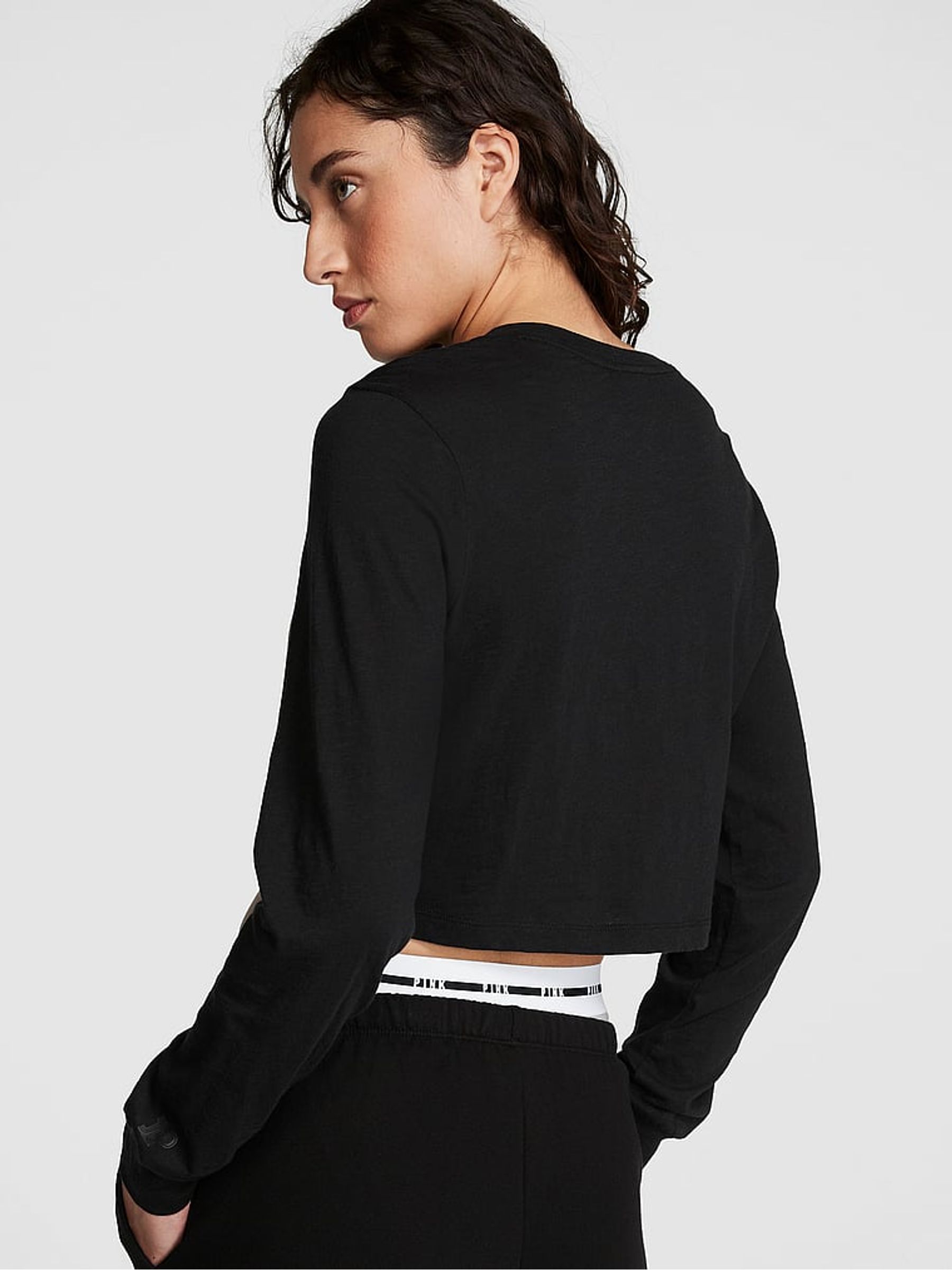 Pure Black Cotton Slub Cropped Boxy Long Sleeve T-Shirt - Image 2 of 3