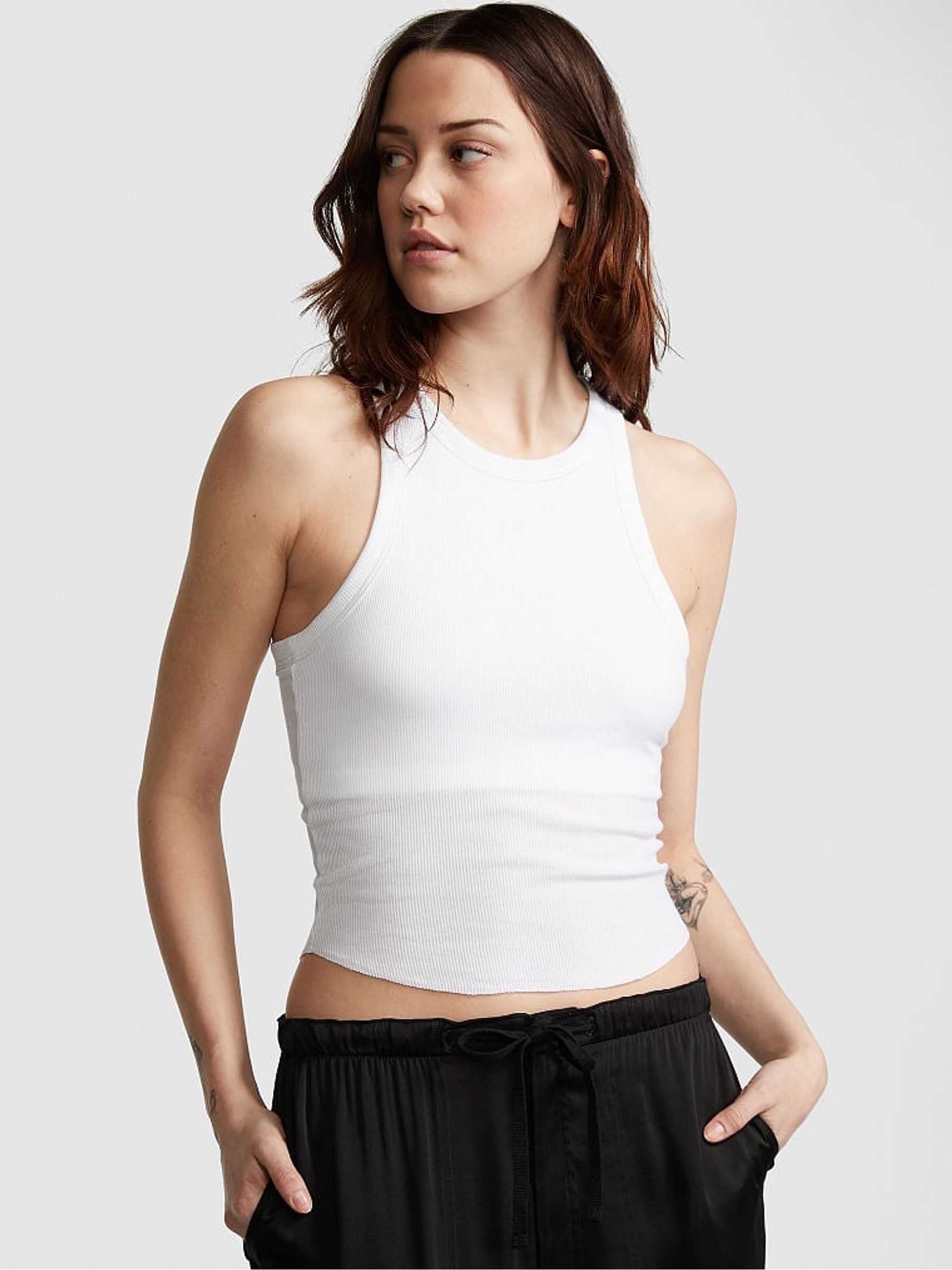 Optic White High Neck Shrunken Rib Tank Top - Image 1 of 3