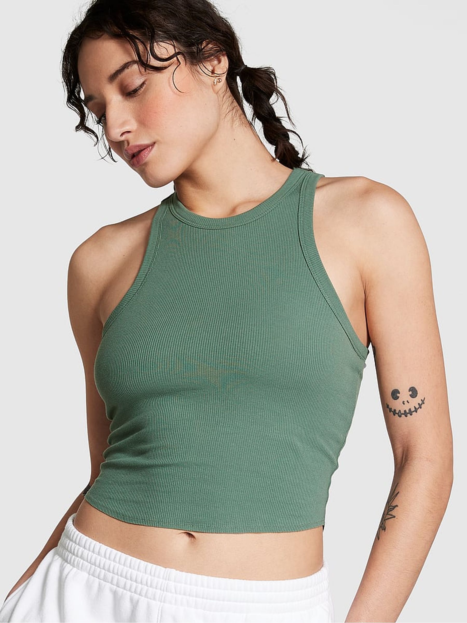 Fresh Forest Green High Neck Shrunken Rib Tank Top - Image 1 of 3