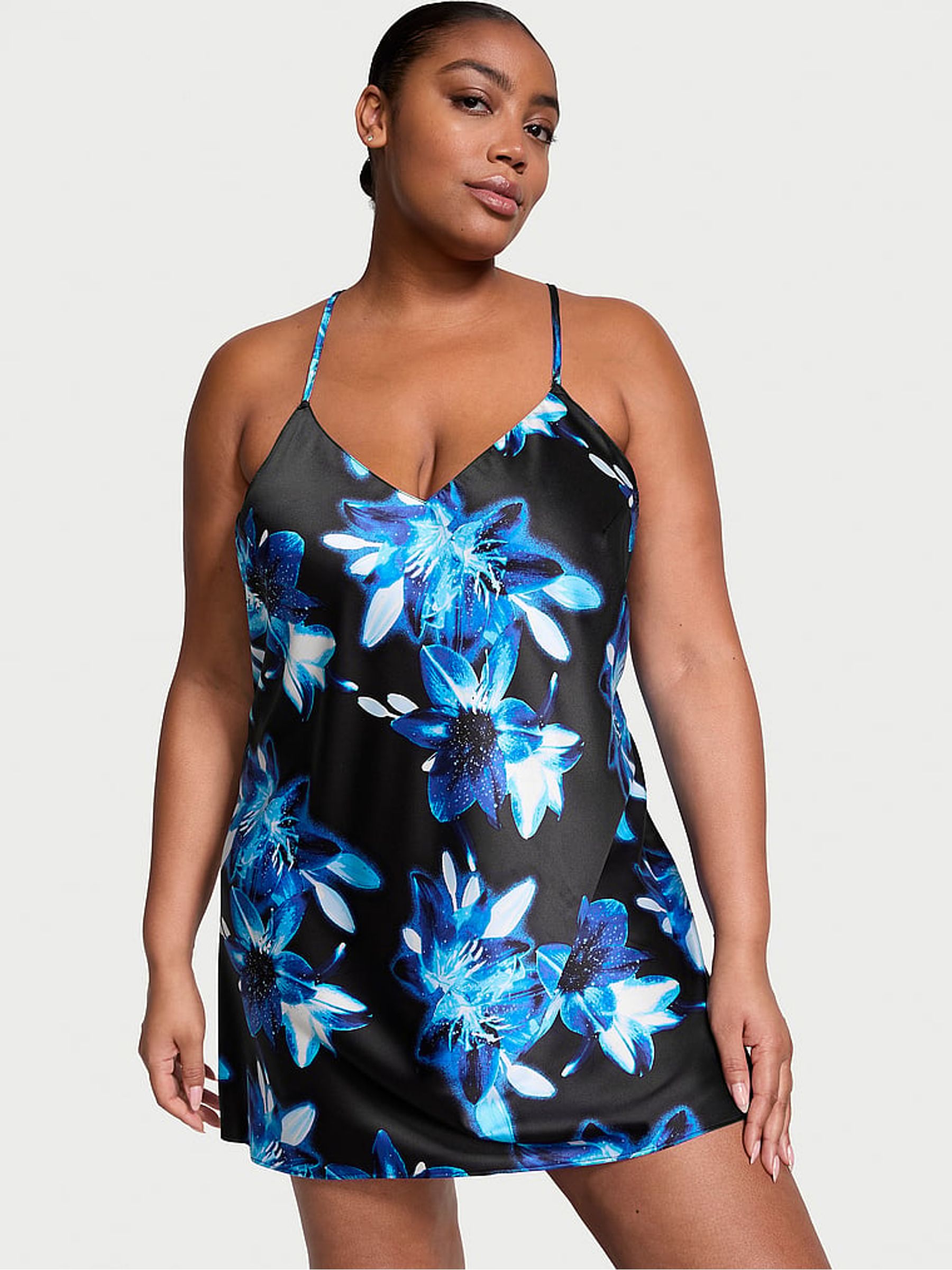 Dramatic Floral Black Satin Open Back Slip - Image 1 of 3