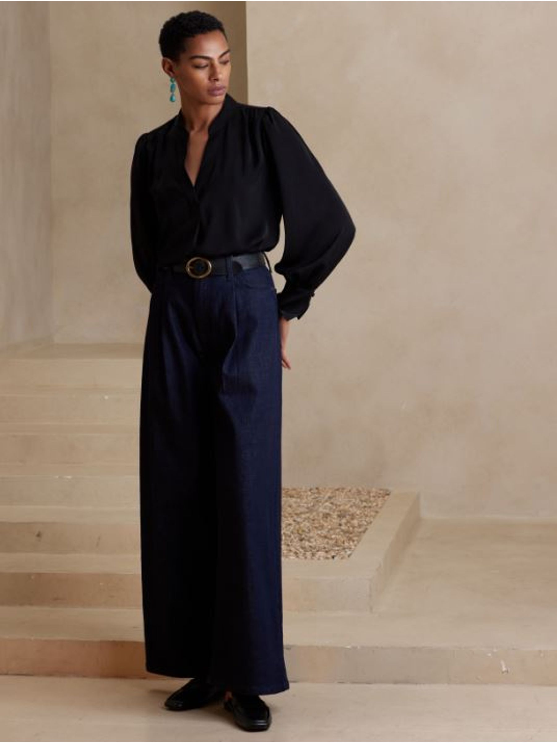 Banana Republic Black Volume Sleeve Blouse - Image 1 of 4
