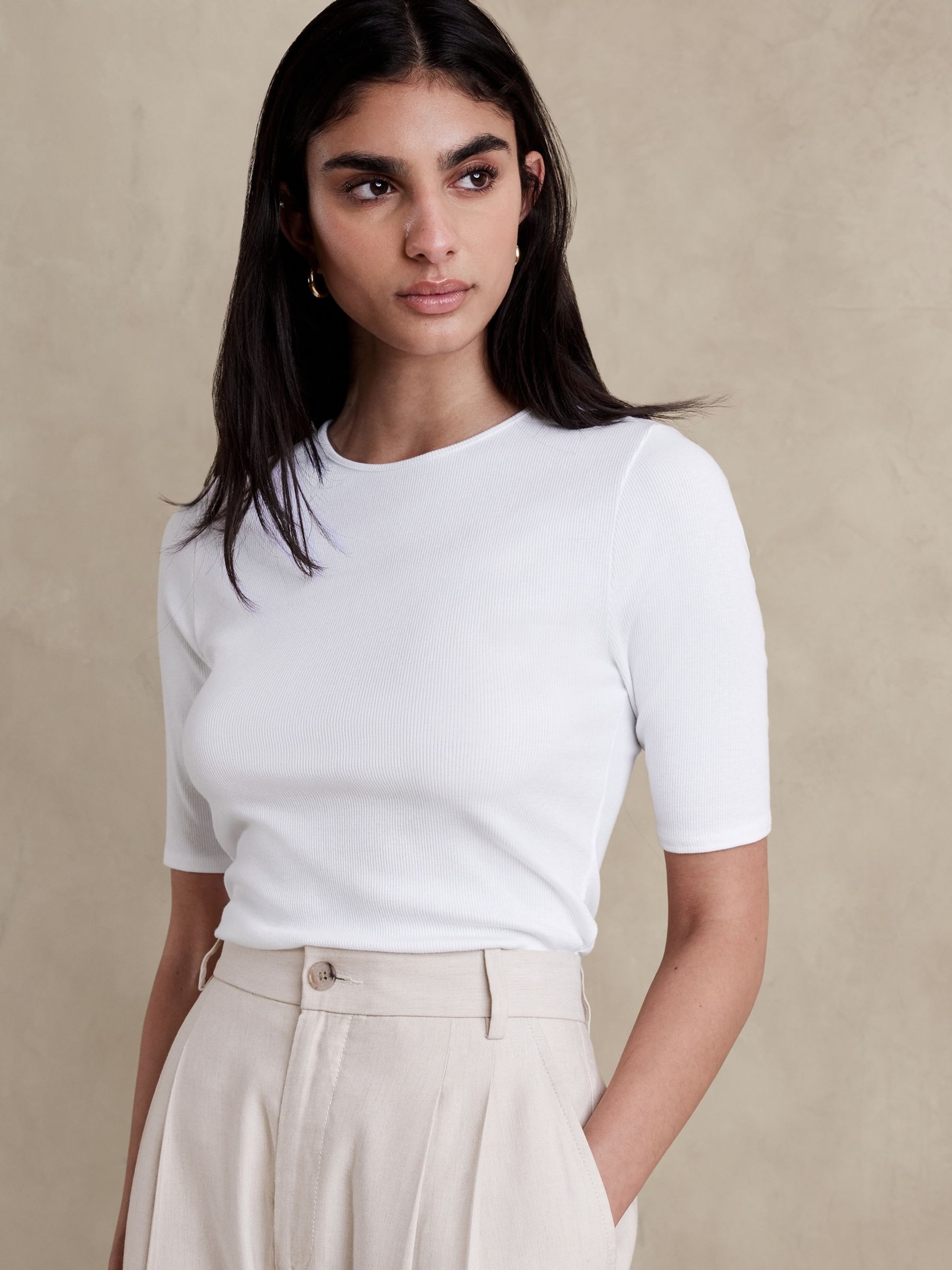 Banana Republic White Ribbed Half-Sleeve T-Shirt - Image 1 of 5