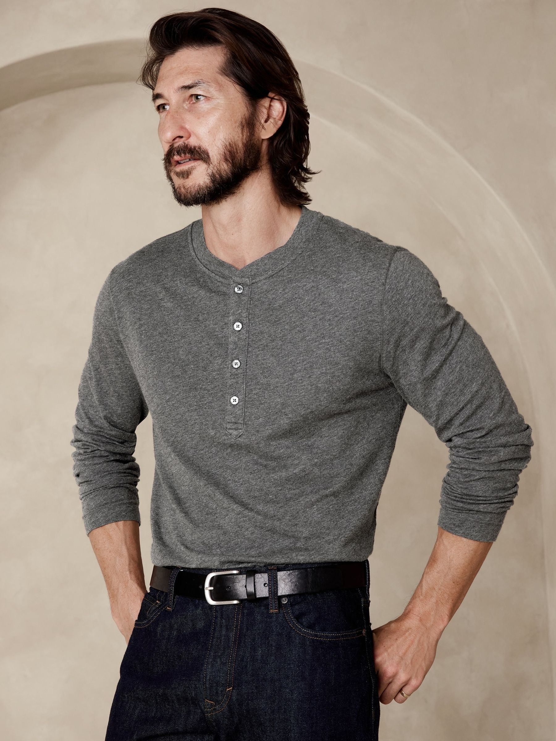 Banana Republic Grey Soft Wash Henley Long Sleeve T-Shirt - Image 1 of 1