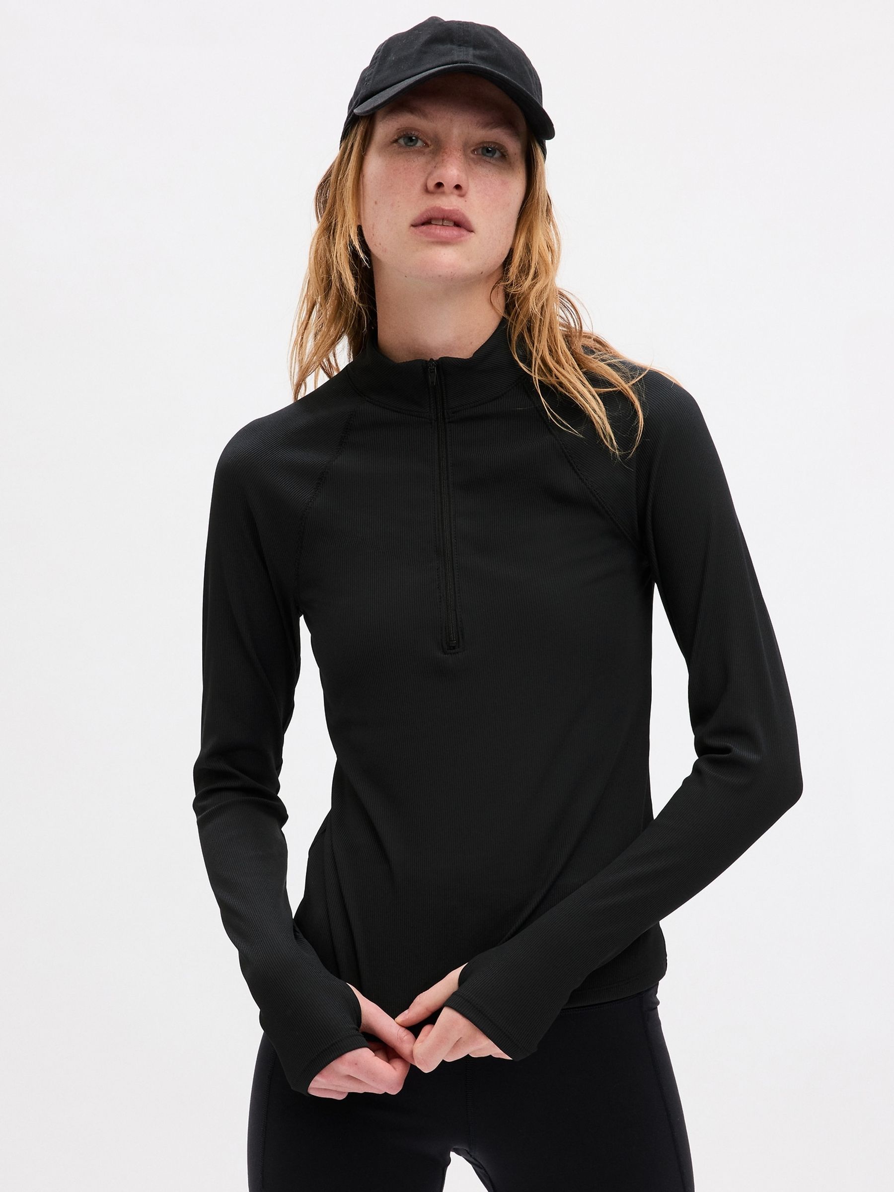 Black Studio Rib Long Sleeve Quarter Zip Top - Image 1 of 1