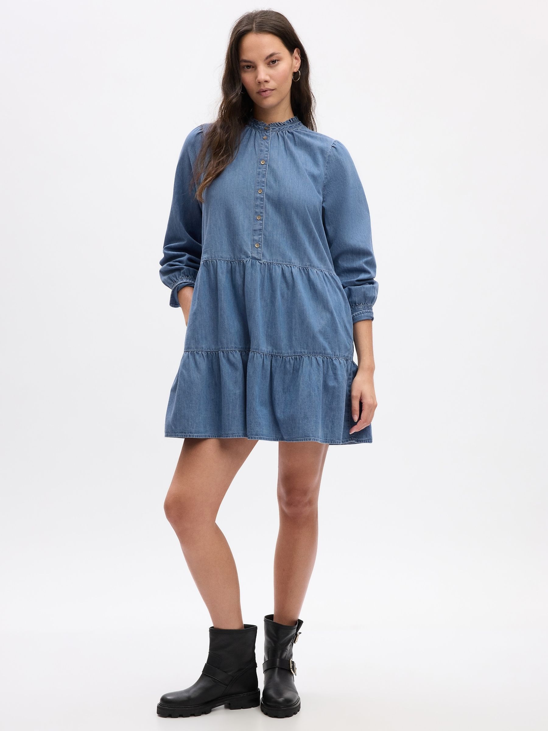Denim Blue Tiered Mini Shirtdress - Image 1 of 5 Denim Blue Tiered Mini Shirtdress - Image 1 of 5