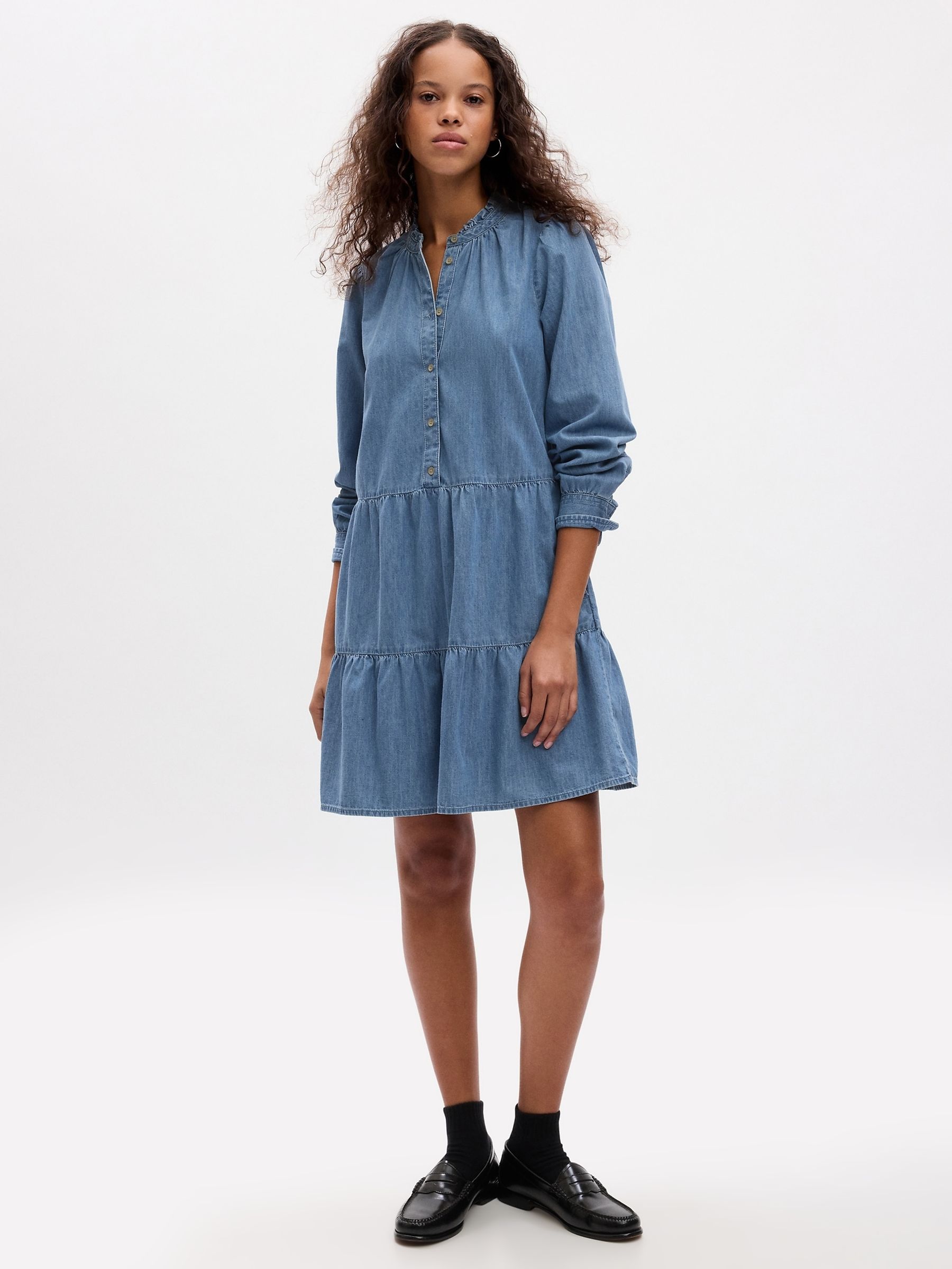 Denim Blue Tiered Mini Shirtdress - Image 3 of 5