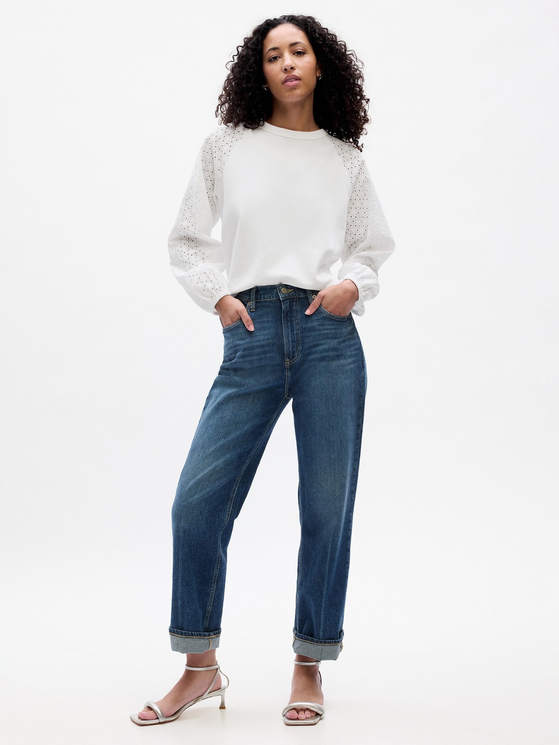 White Relaxed Eyelet Crew Neck Long Sleeve Sweatshirt - Image 1 of 4