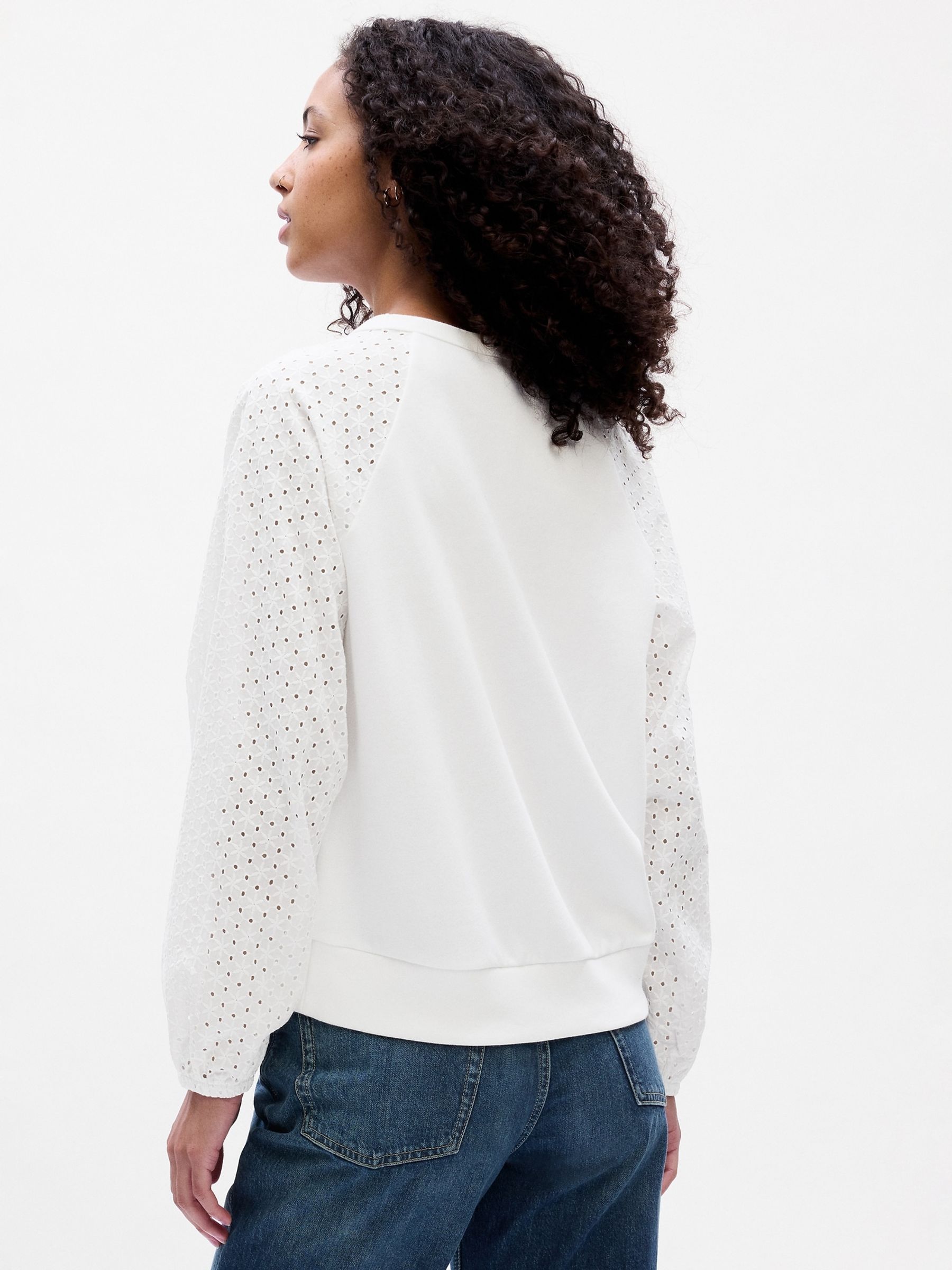 White Relaxed Eyelet Crew Neck Long Sleeve Sweatshirt - Image 2 of 4