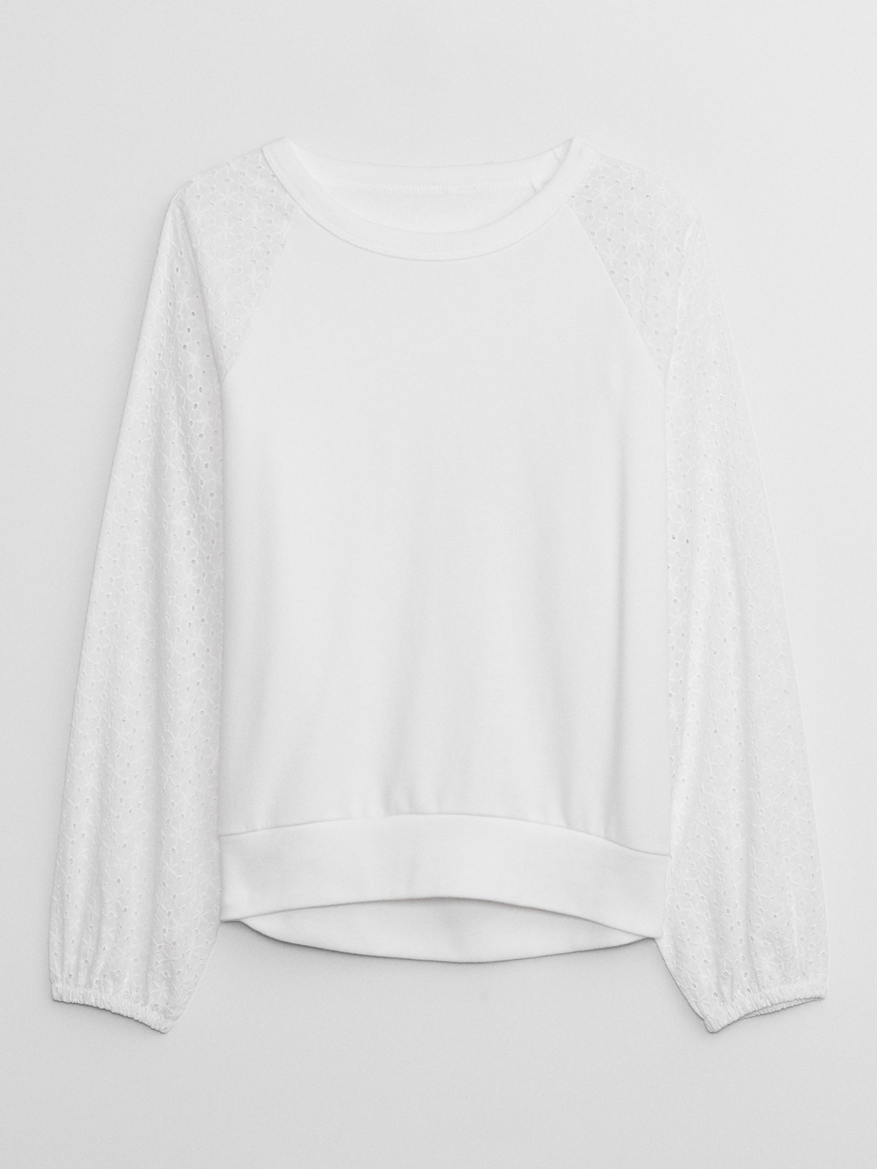 White Relaxed Eyelet Crew Neck Long Sleeve Sweatshirt - Image 3 of 4