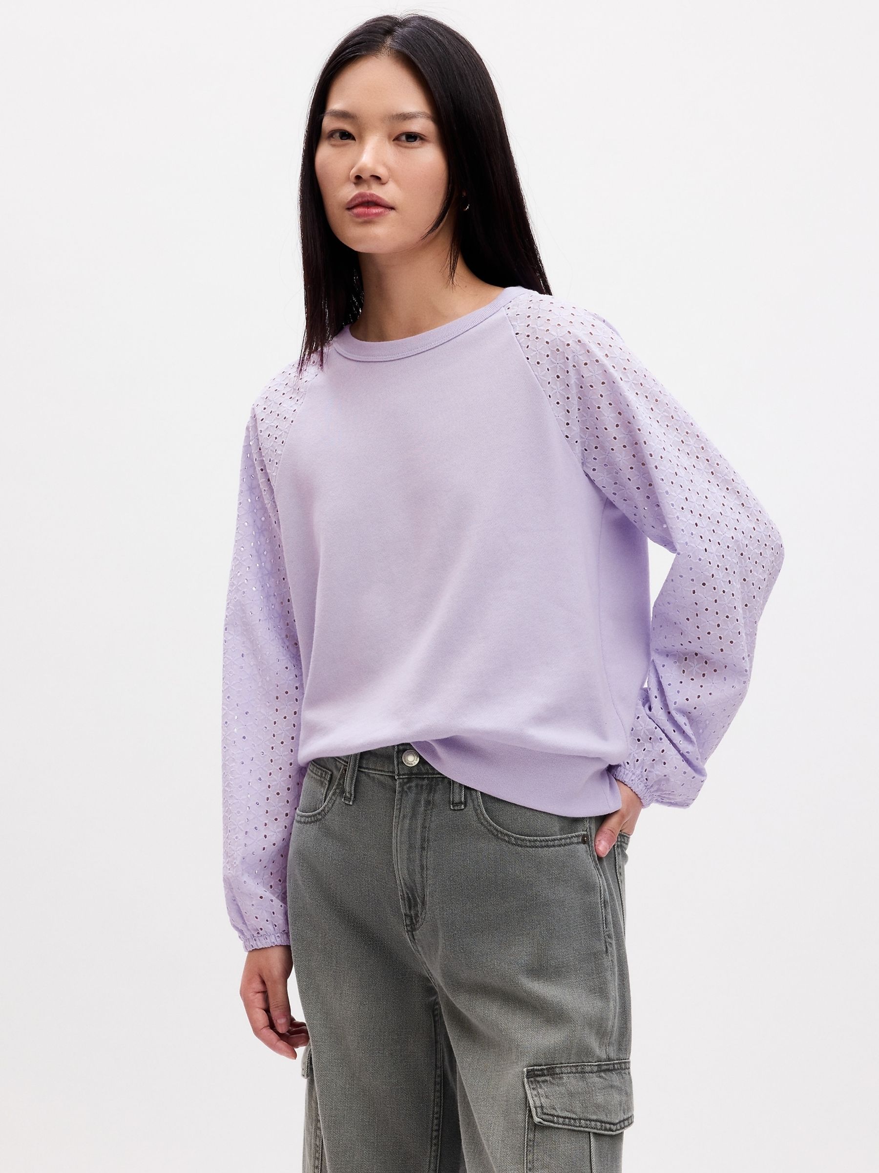 Purple Relaxed Eyelet Crew Neck Long Sleeve Sweatshirt - Image 1 of 2