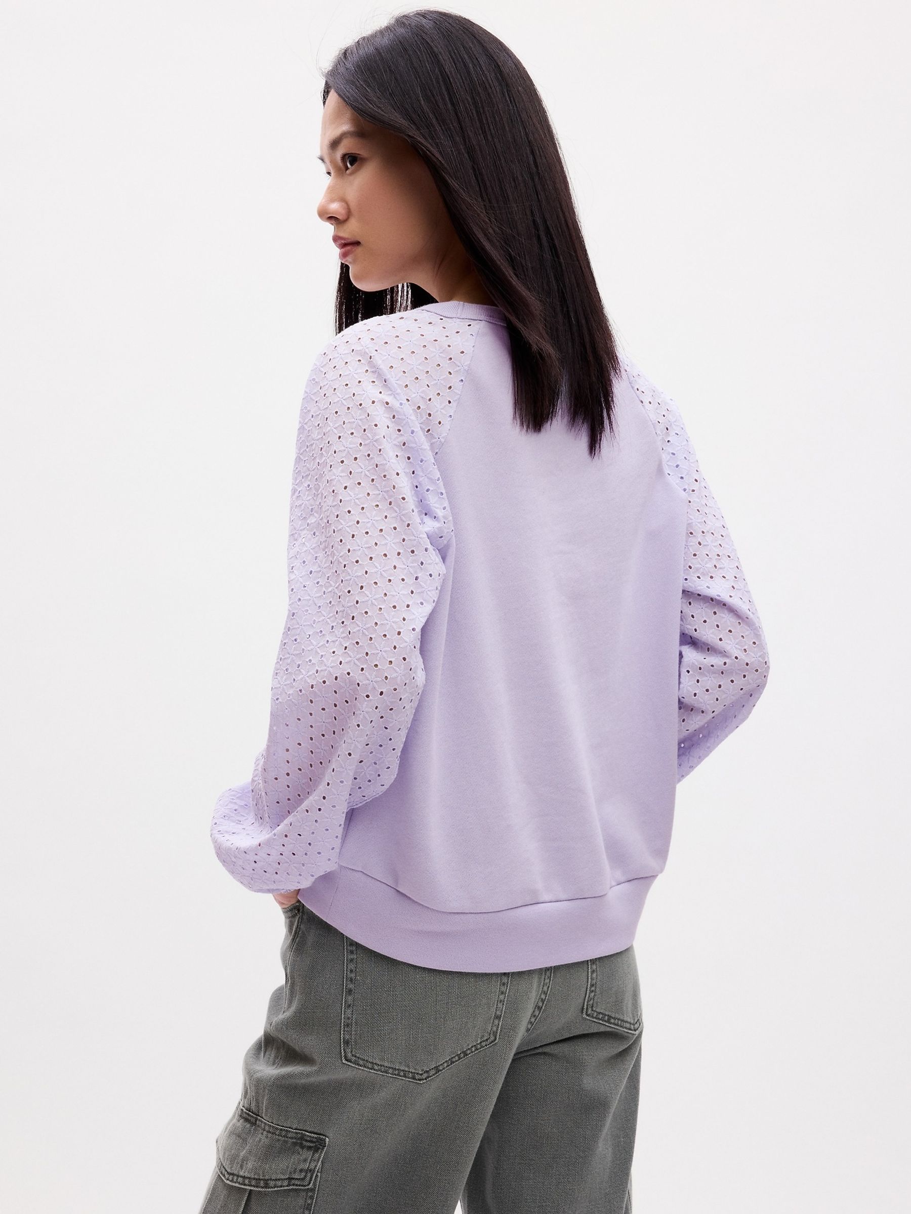 Purple Relaxed Eyelet Crew Neck Long Sleeve Sweatshirt - Image 2 of 2
