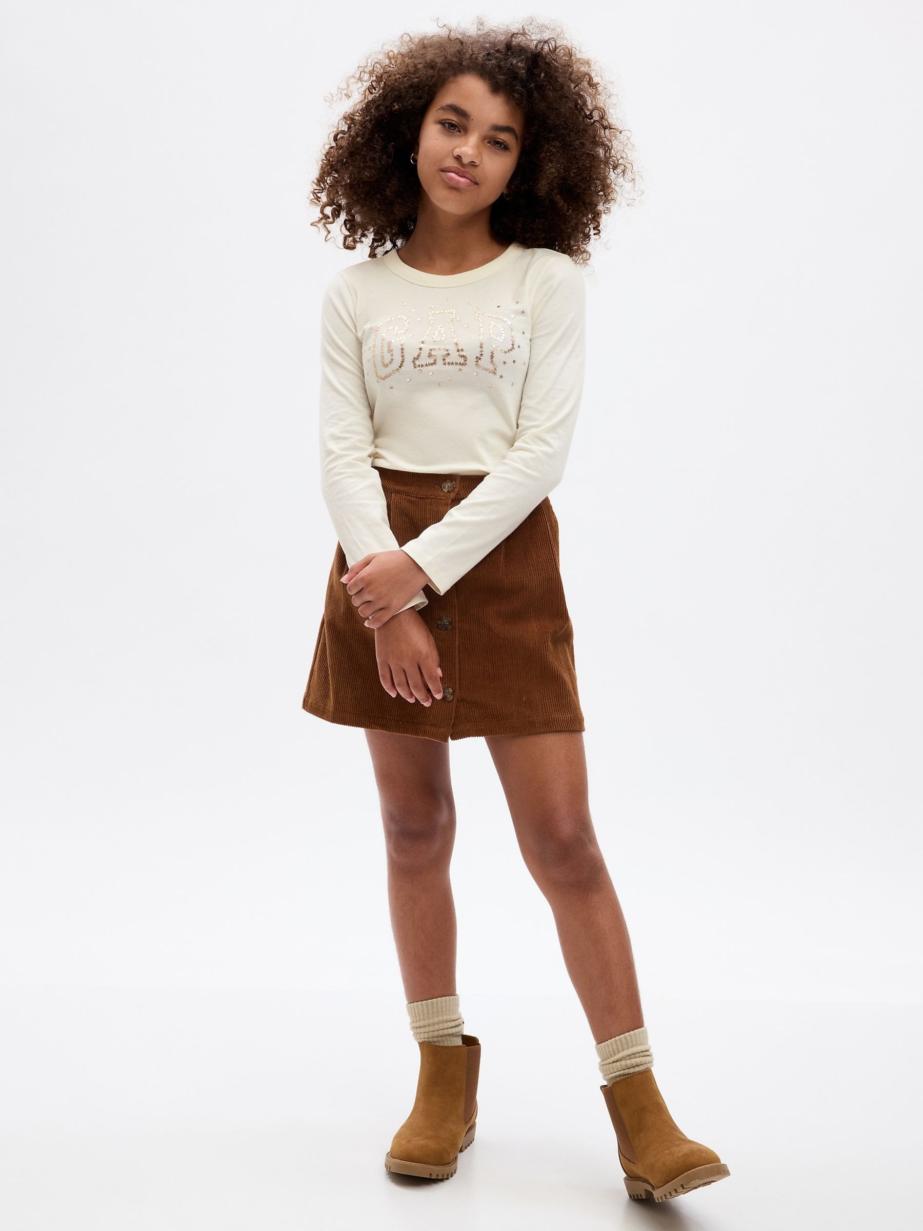 Cream Rhinestone Logo Organic Cotton Crew Neck Long Sleeve T-Shirt (4-13yrs) - Image 1 of 1
