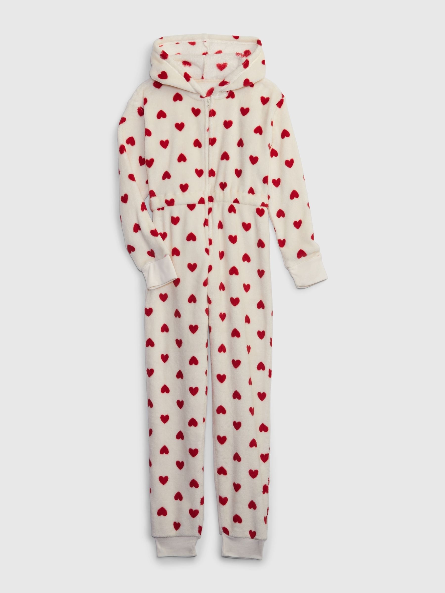 White and Red Fleece Heart Print Hooded Sleepsuit (6-13yrs) - Image 1 of 2