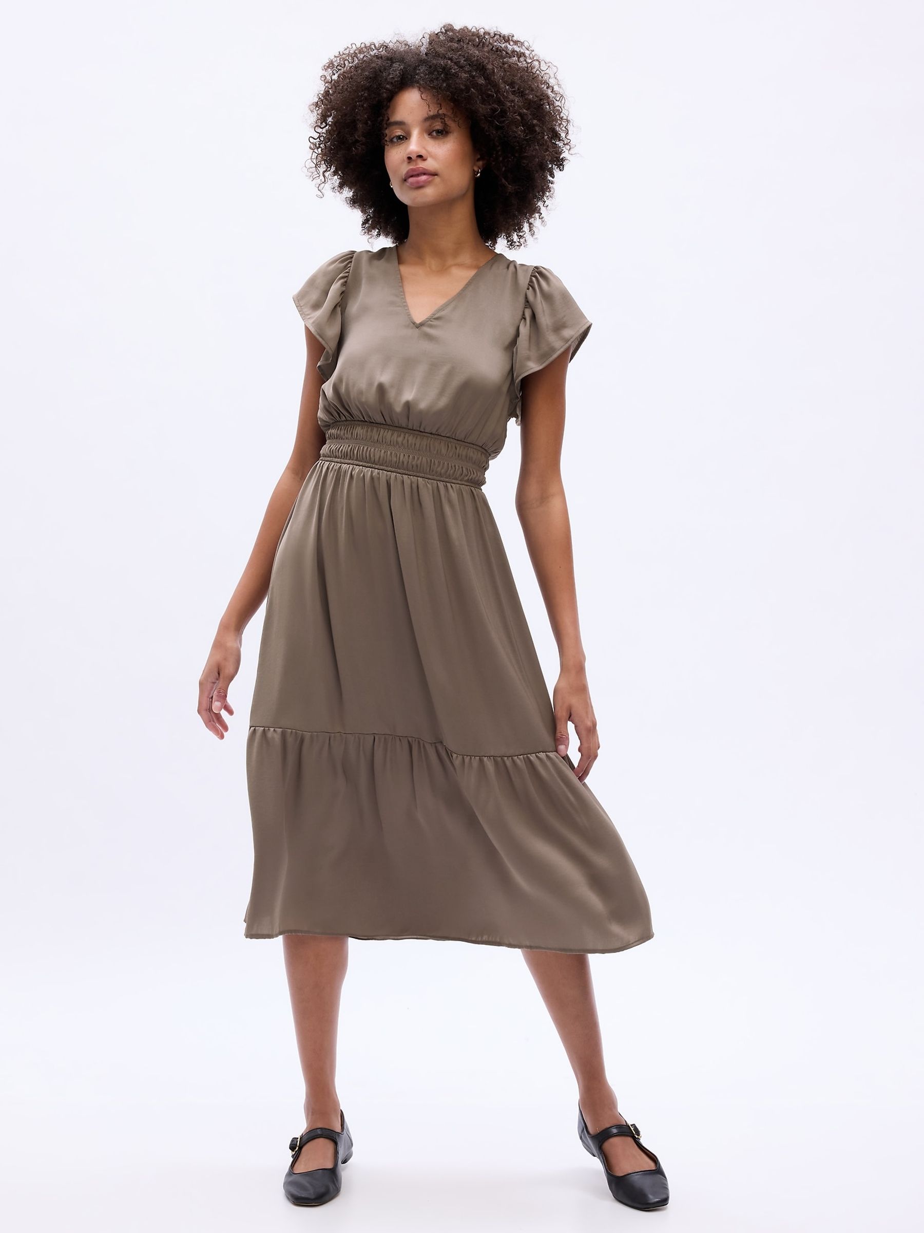 Brown Satin Flutter Sleeve Midi Dress - Image 1 of 4