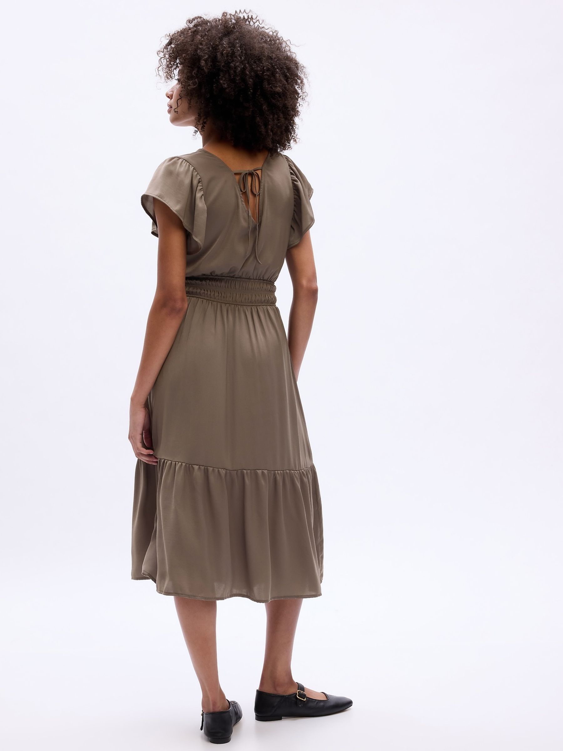 Brown Satin Flutter Sleeve Midi Dress - Image 2 of 4