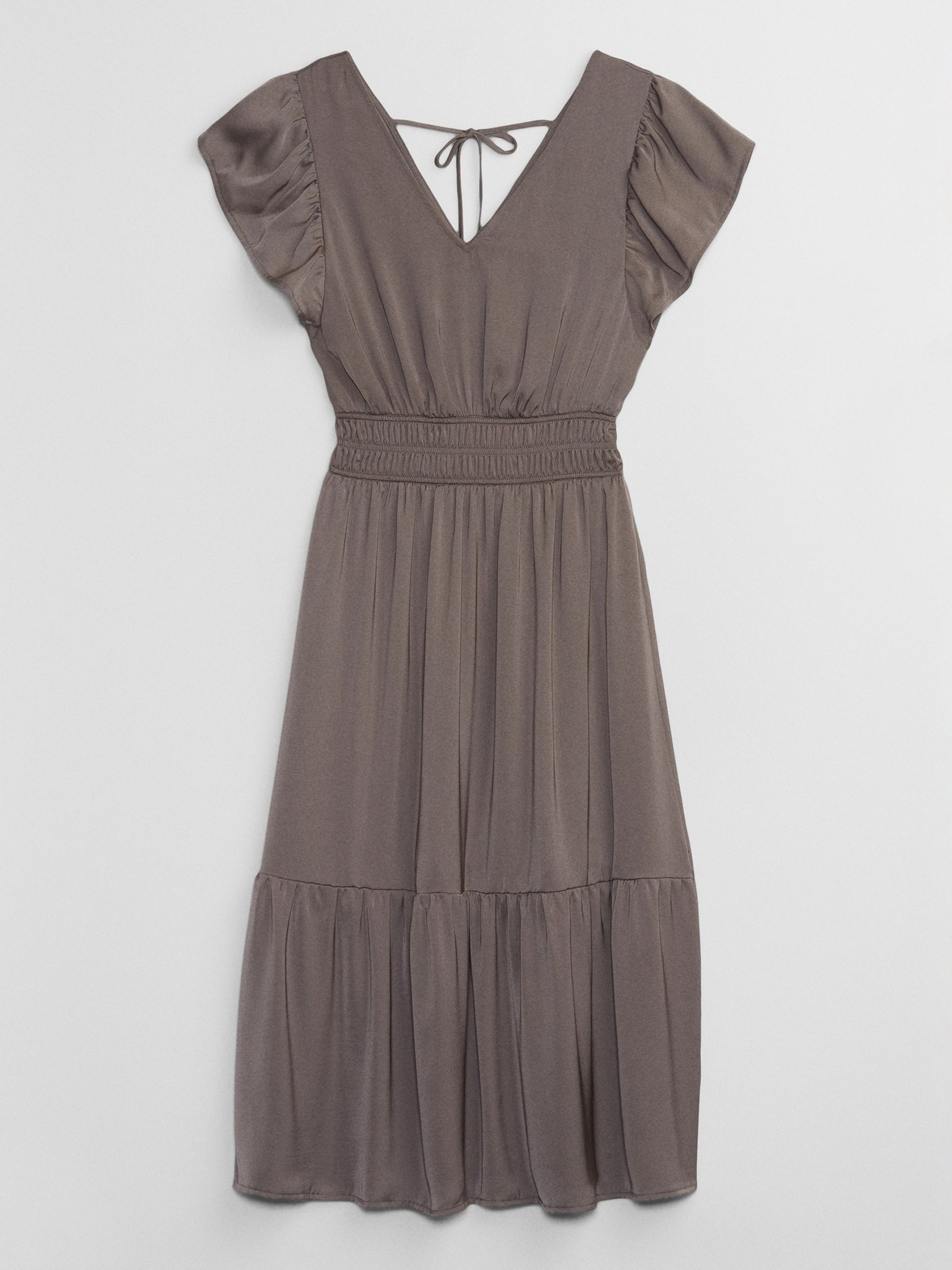 Brown Satin Flutter Sleeve Midi Dress - Image 3 of 4