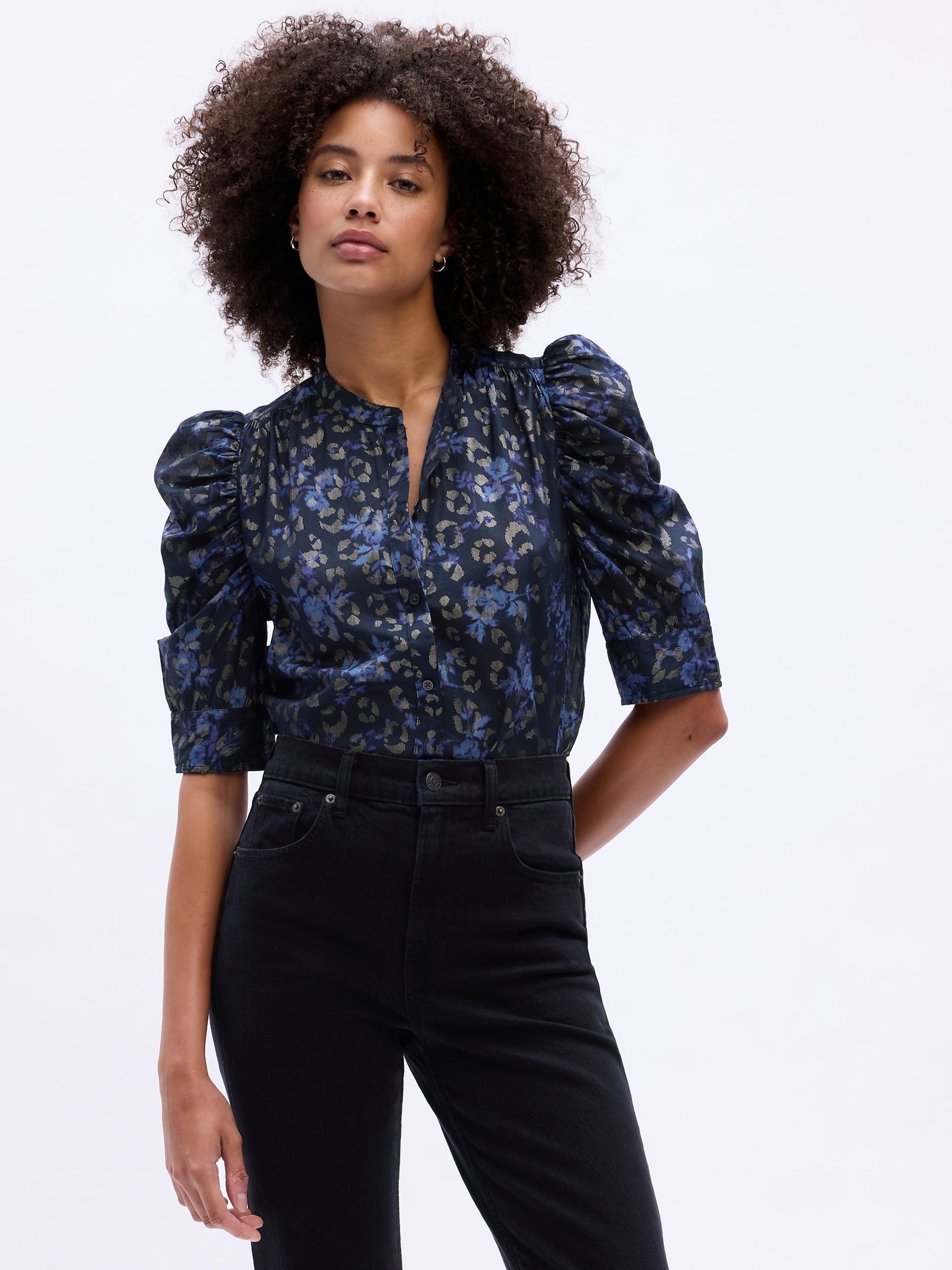 Blue Print Short Puff Sleeve Blouse - Image 1 of 4