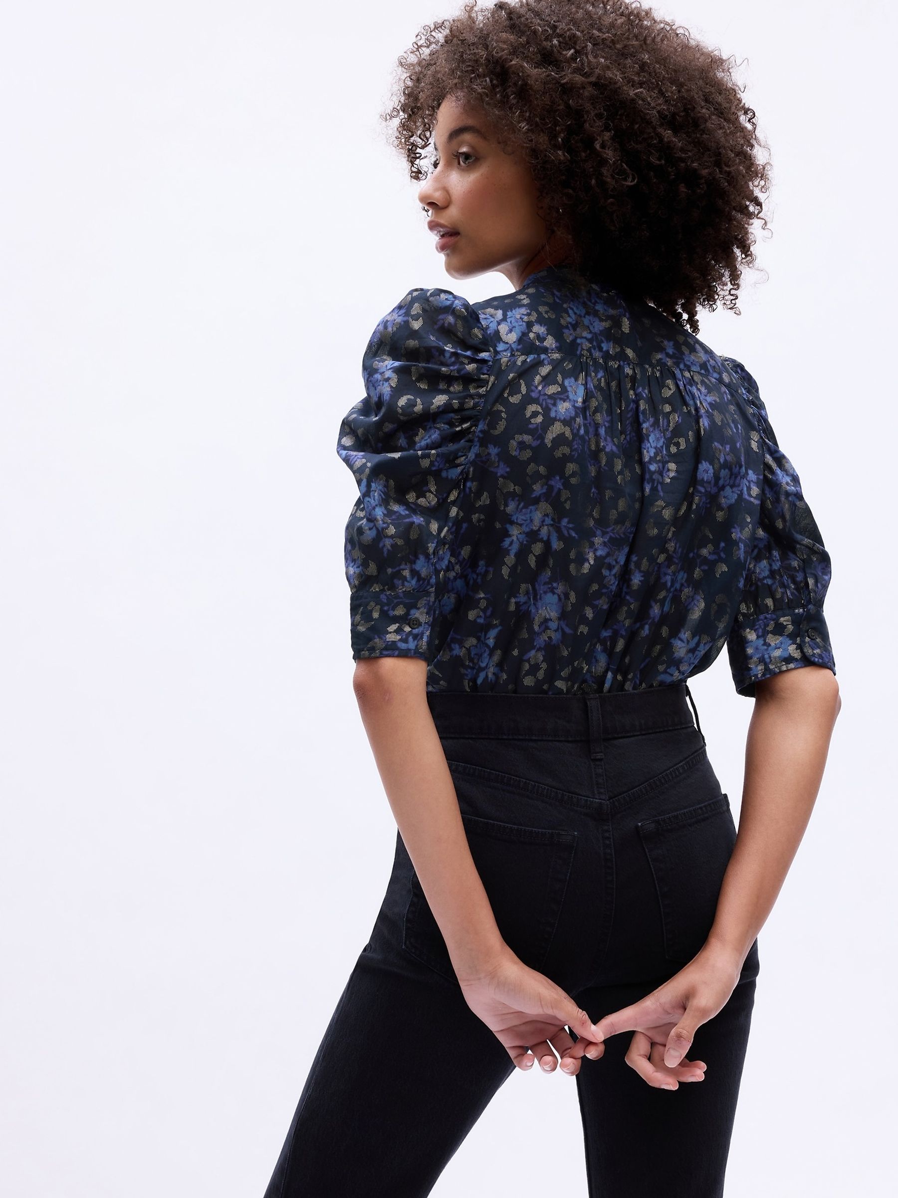 Blue Print Short Puff Sleeve Blouse - Image 2 of 4