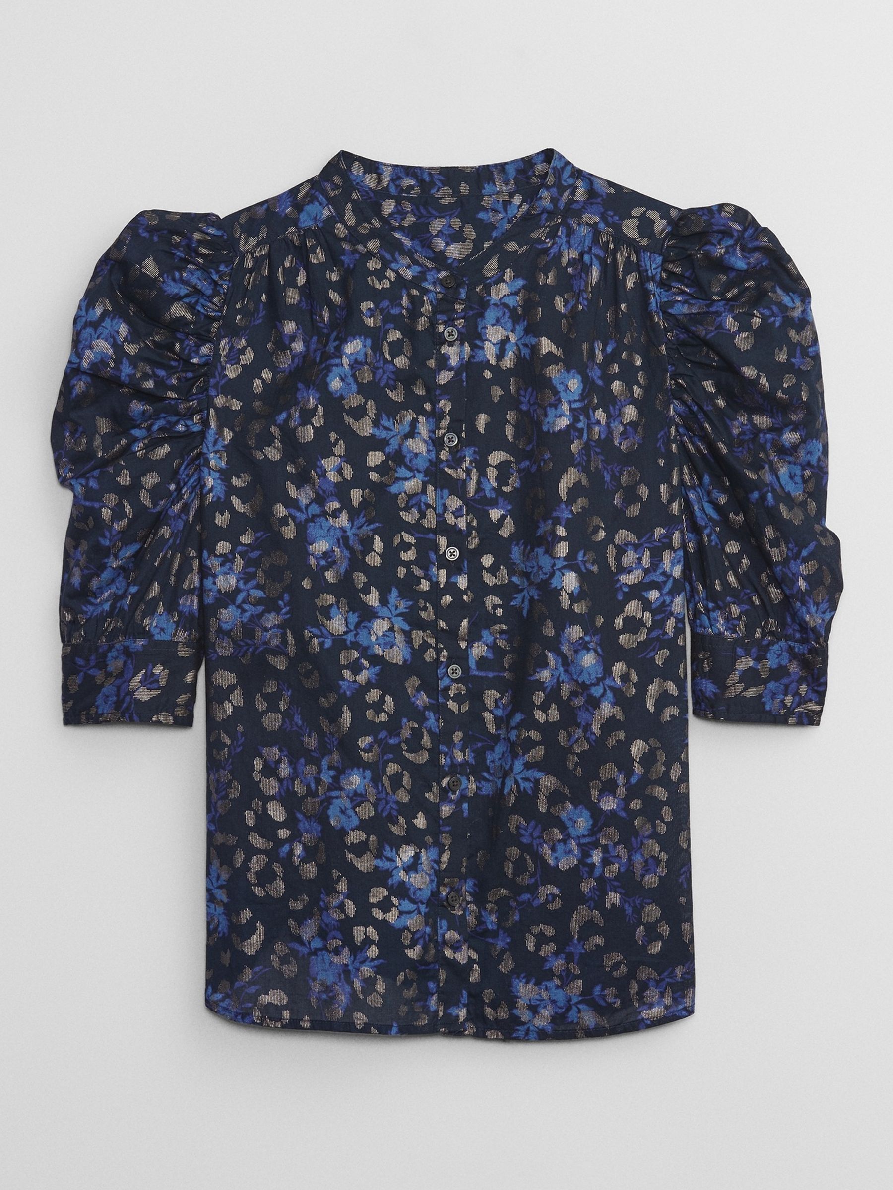 Blue Print Short Puff Sleeve Blouse - Image 3 of 4