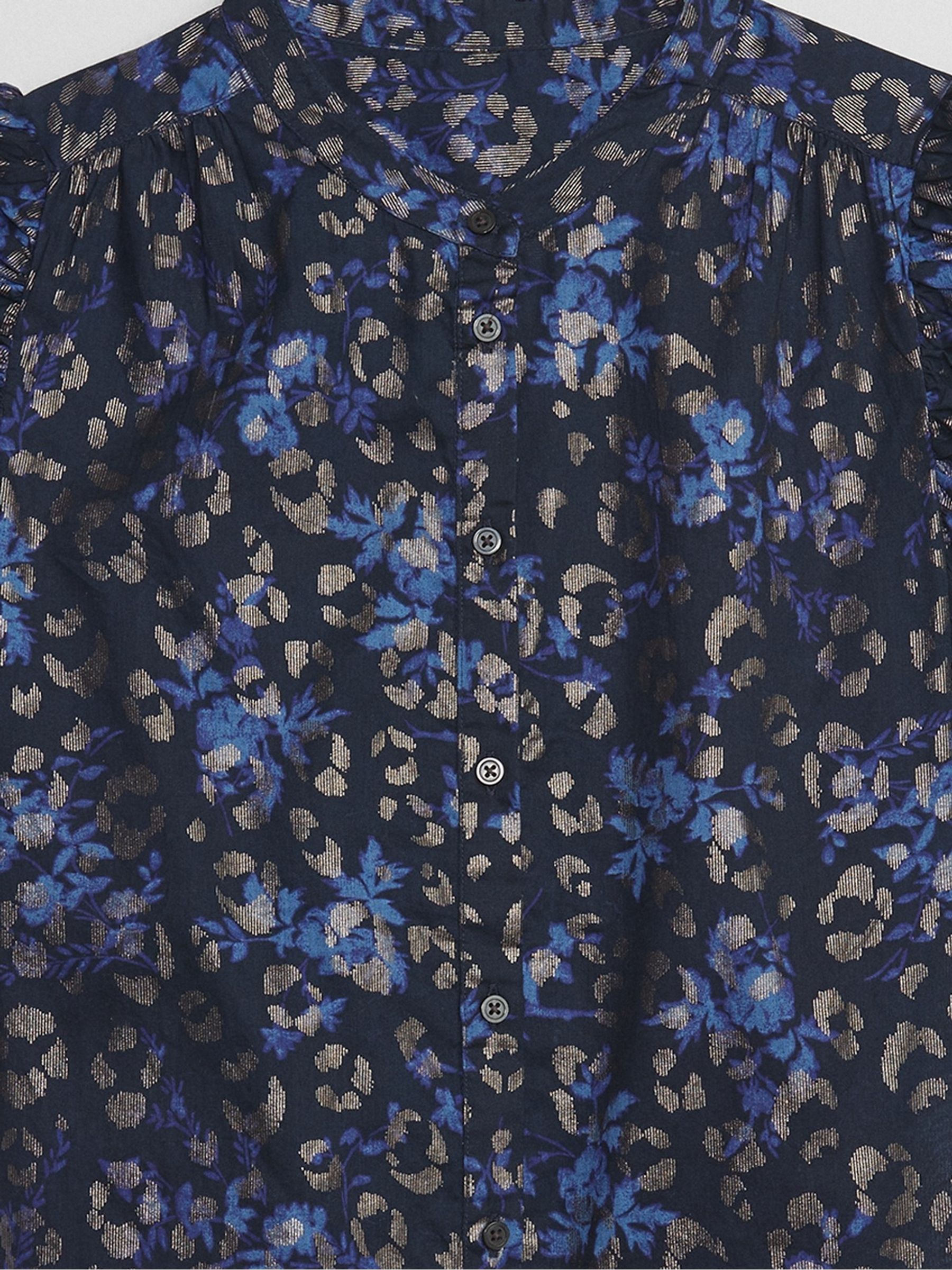 Blue Print Short Puff Sleeve Blouse - Image 4 of 4