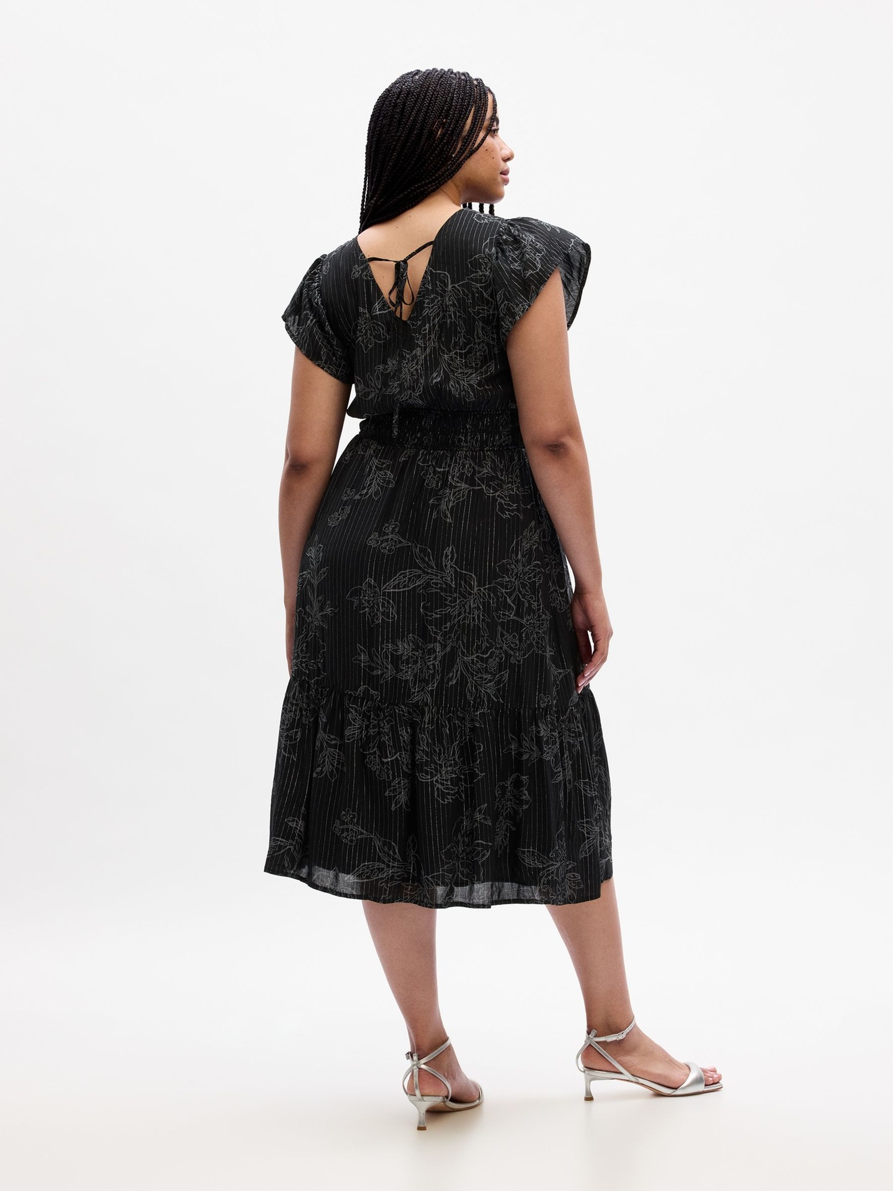Black Smocked Print Flutter Sleeve Midi Dress - Image 2 of 5